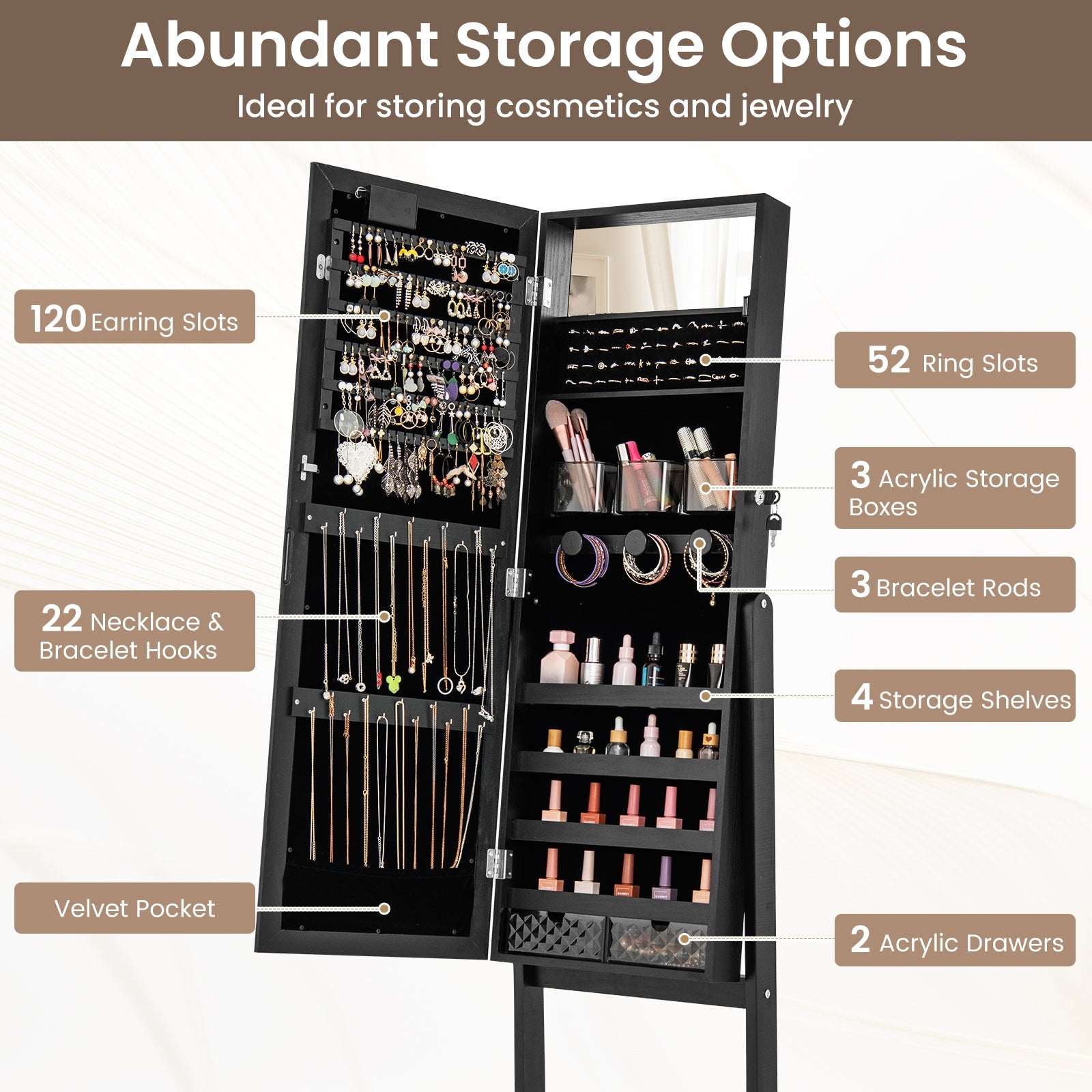 Mirror Jewelry Cabinet with 20 Warm Lights and 4 Tilt Angles