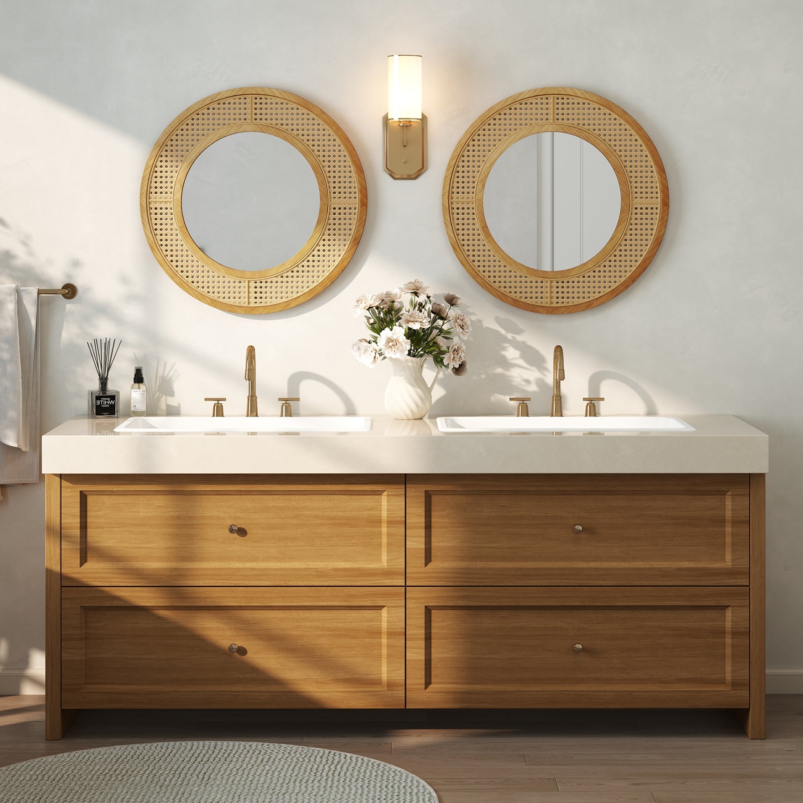 25.5 Inch Bohemian Round Wall Mounted Decorative Mirror with Wooden Frame-Natural