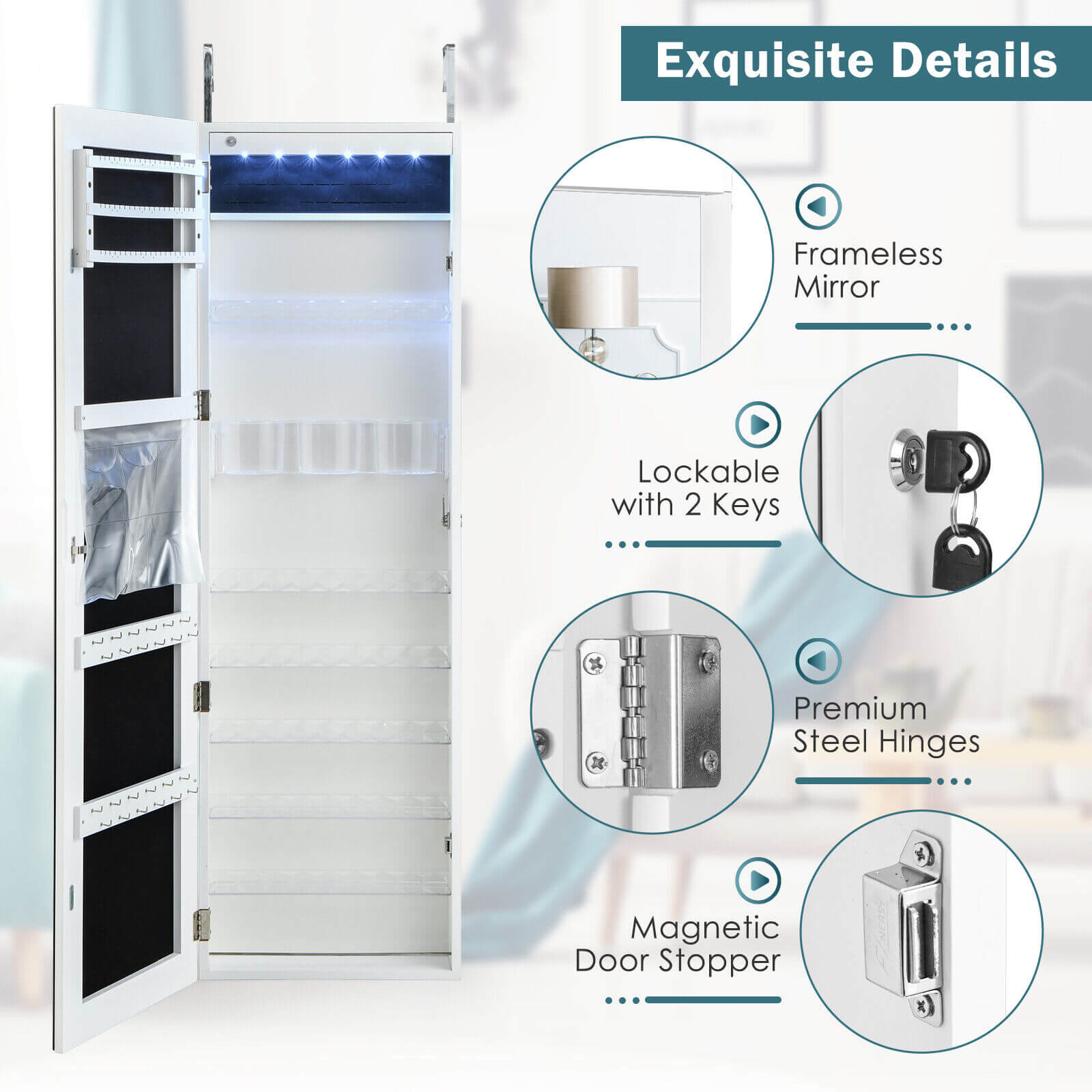 Wall Door Mounted Jewelry Armoire with Frameless LED Mirror