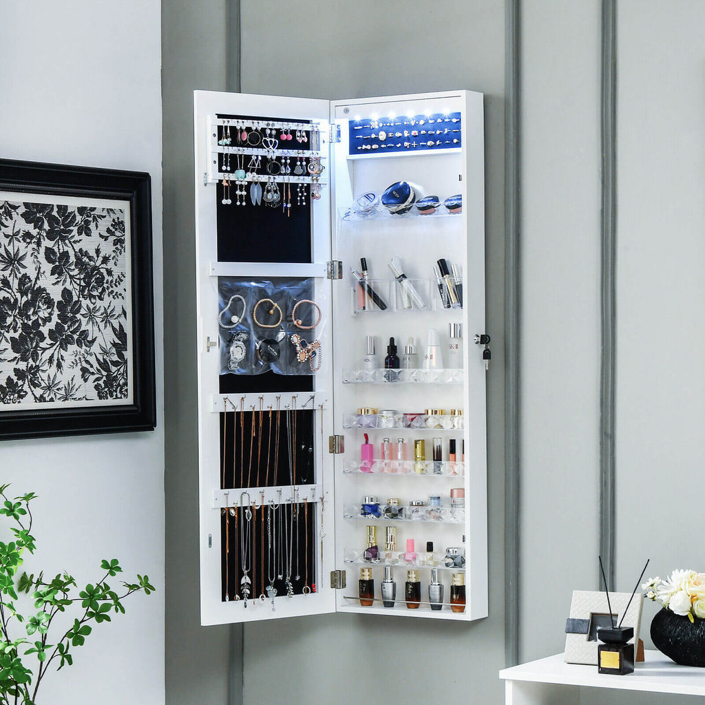 Wall Door Mounted Jewelry Armoire with Frameless LED Mirror