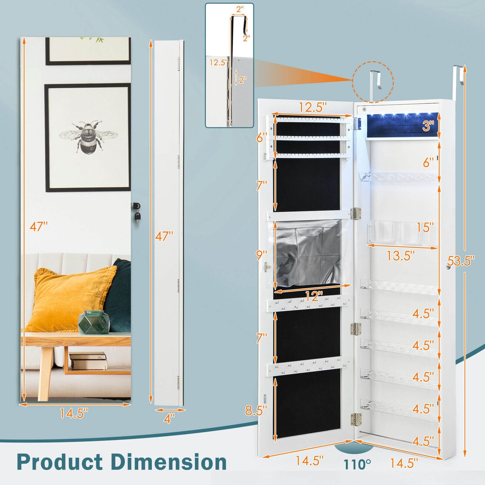 Wall Door Mounted Jewelry Armoire with Frameless LED Mirror