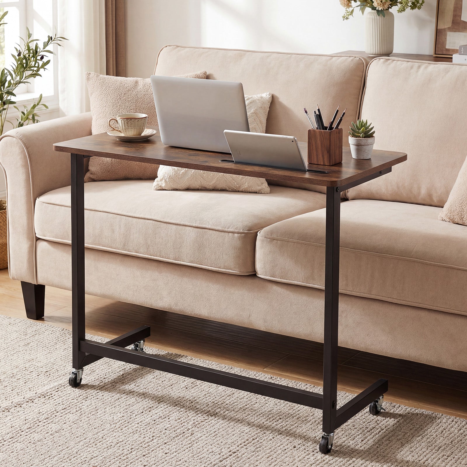 Mobile Side Table Rolling Laptop Desk Cart with Tablet Slot-Rustic Brown