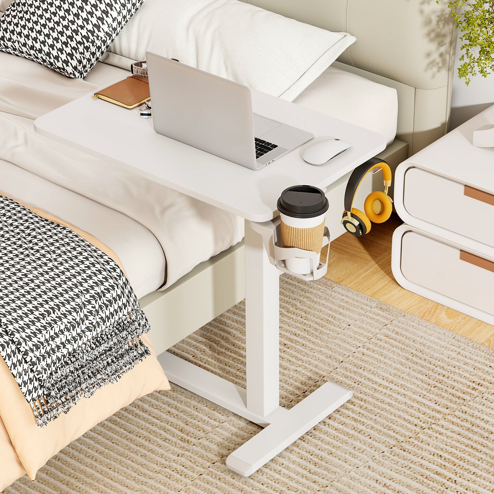 Mobile Standing Desk Height Adjustable Overbed Bedside Table with Cup Holder