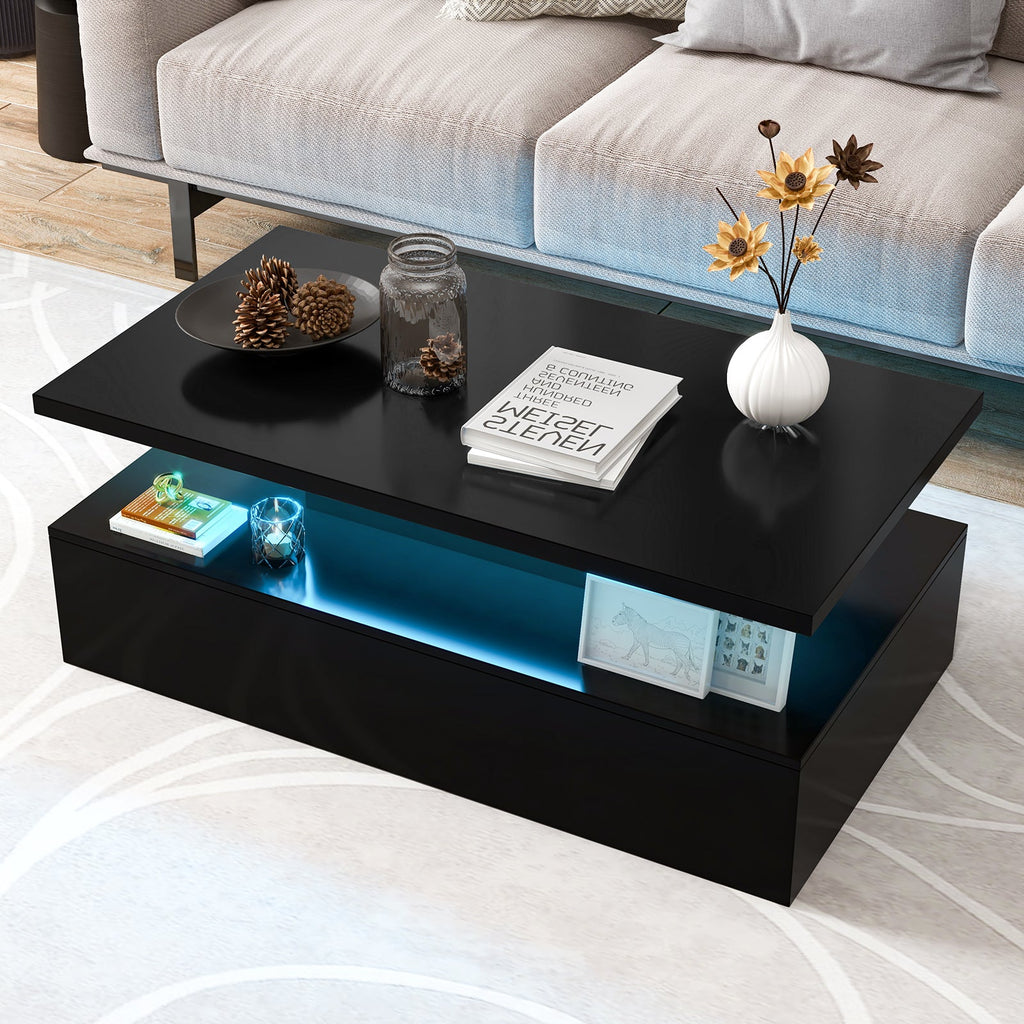 Modern 2-tier High Glossy Table with Adjustable Light Colors for Living Room