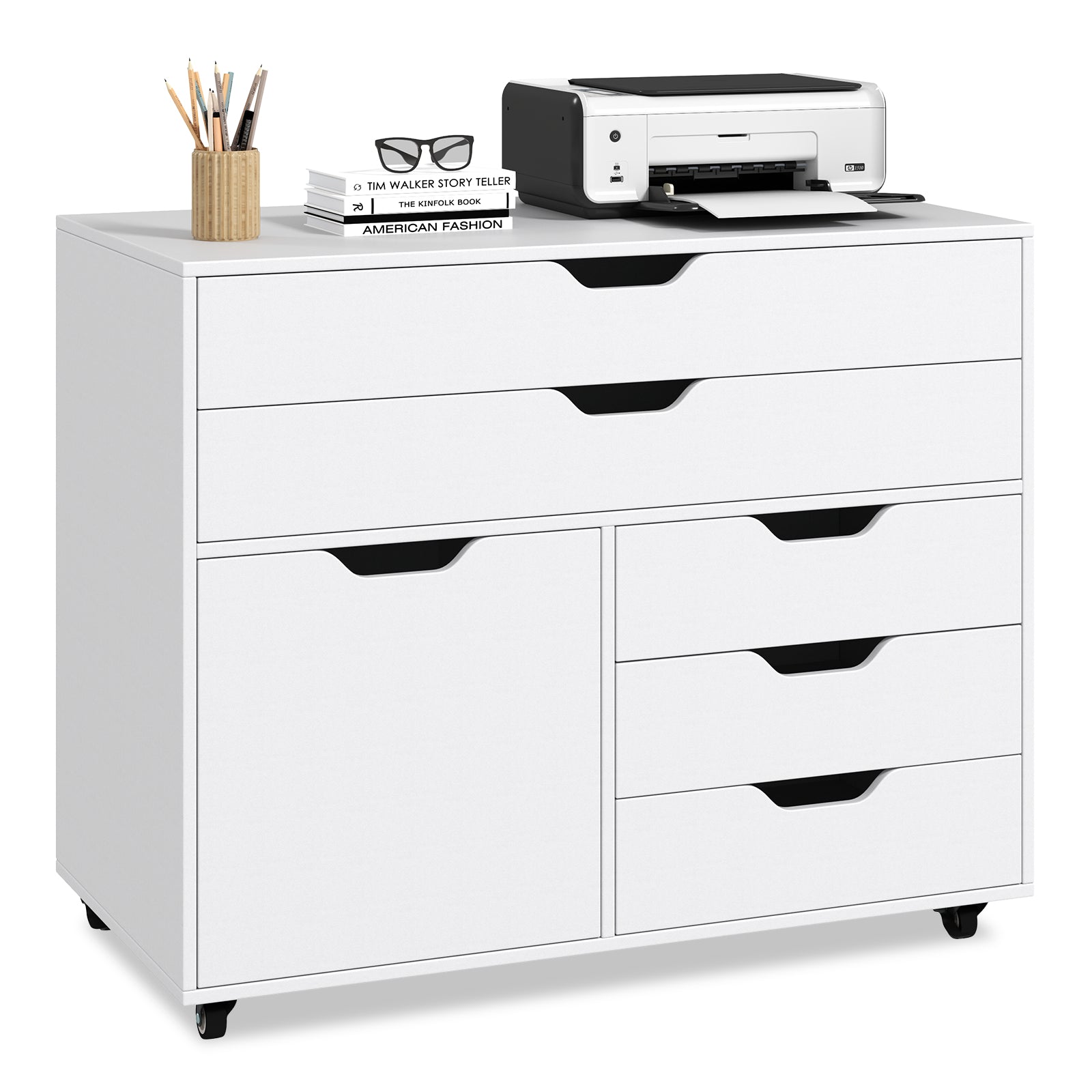 Modern Vertical 5-Drawer Mobile Chest with Door 5 Casters