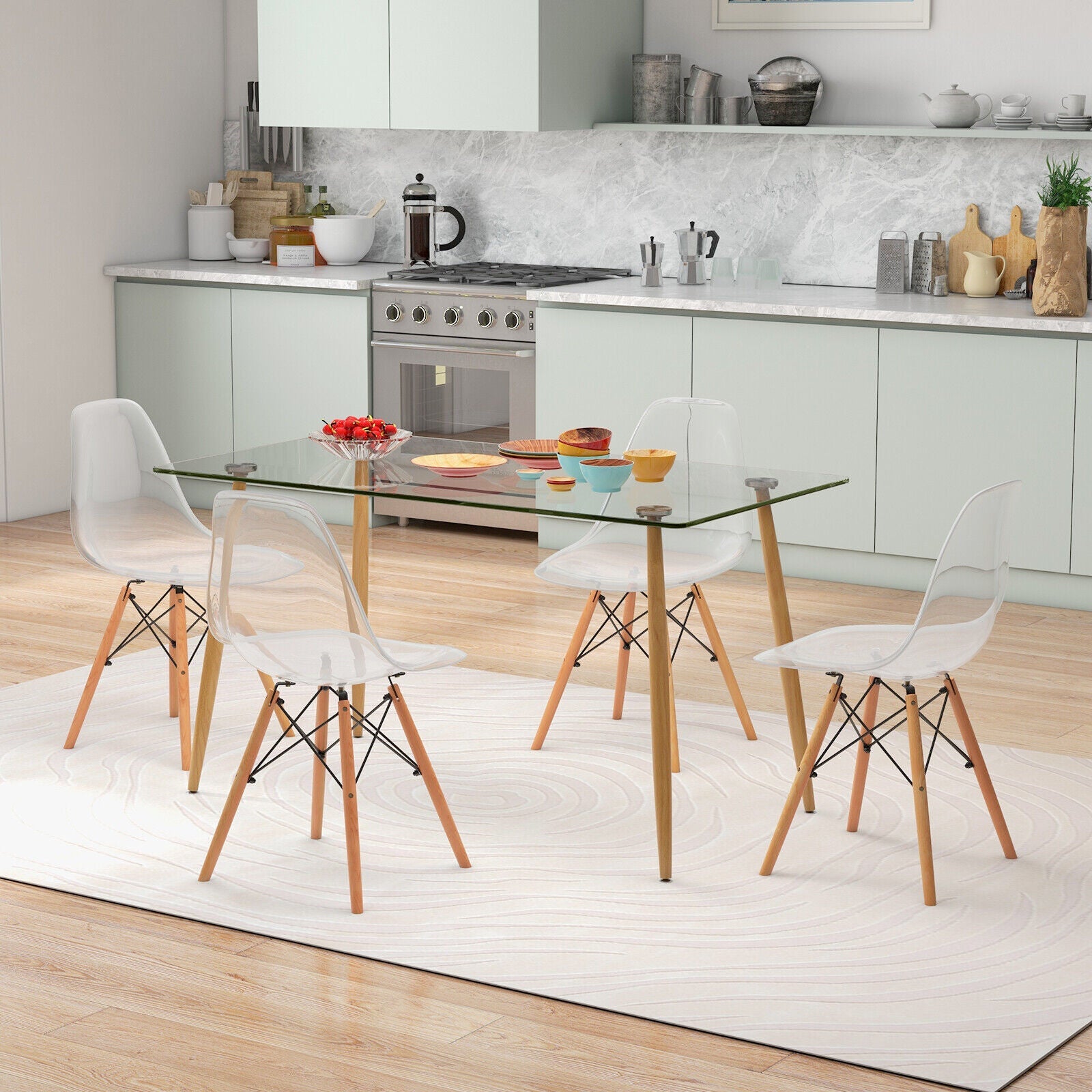 5 Pieces Rectangle Dining Table Set with 51 Inch Glass Tabletop