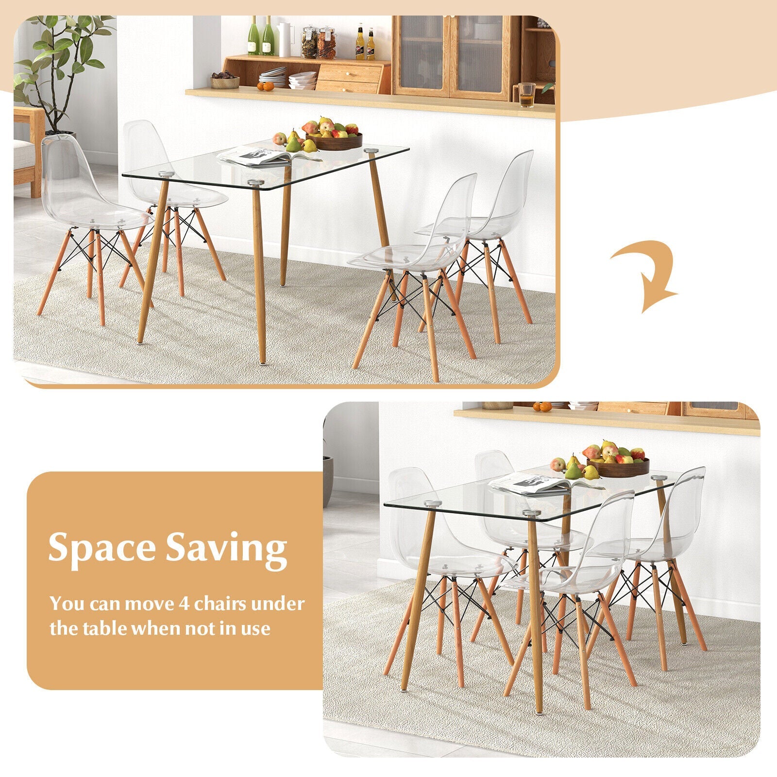 5 Pieces Rectangle Dining Table Set with 51 Inch Glass Tabletop