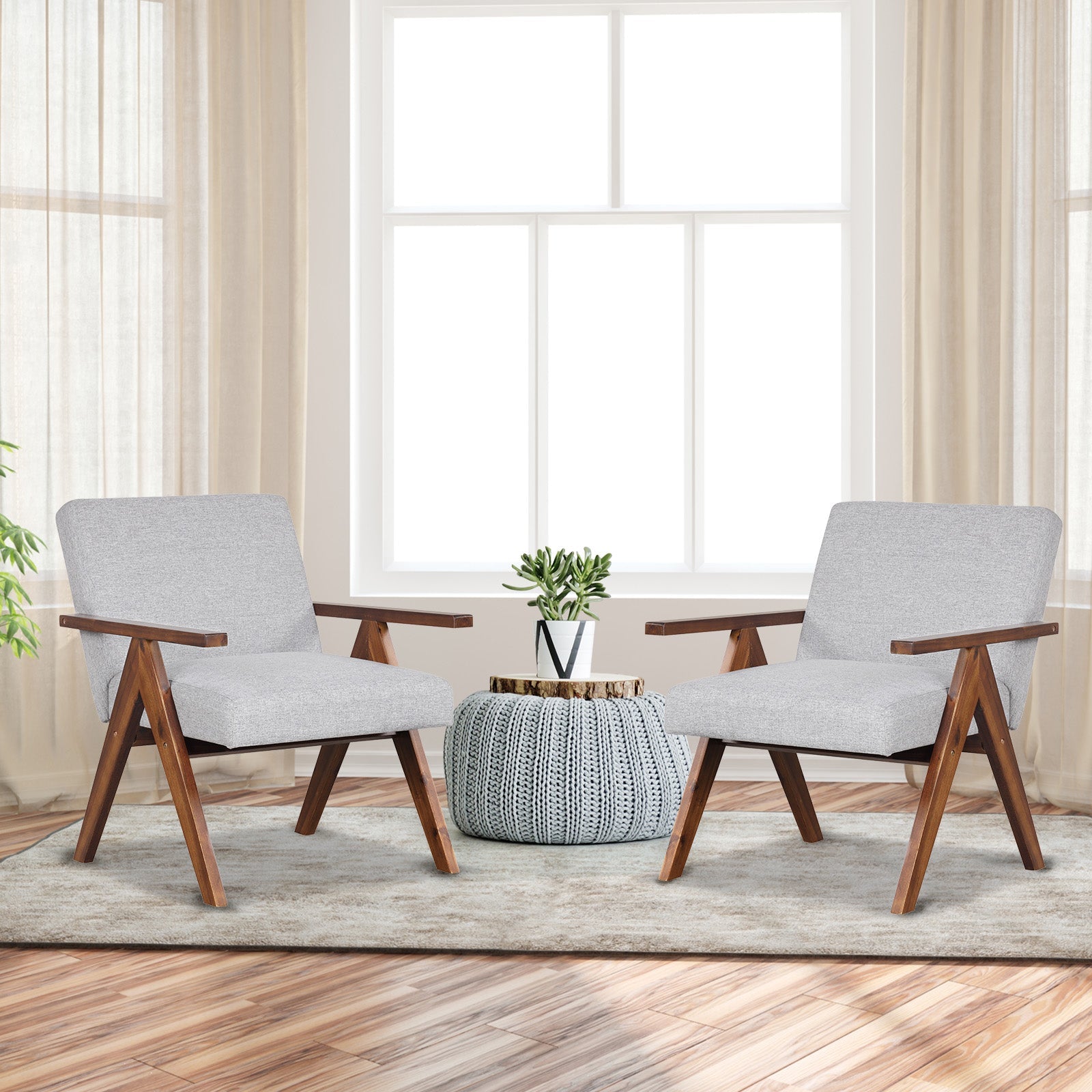 Modern Accent Chair Linen Fabric Armchair with Solid Acacia Wood Frame