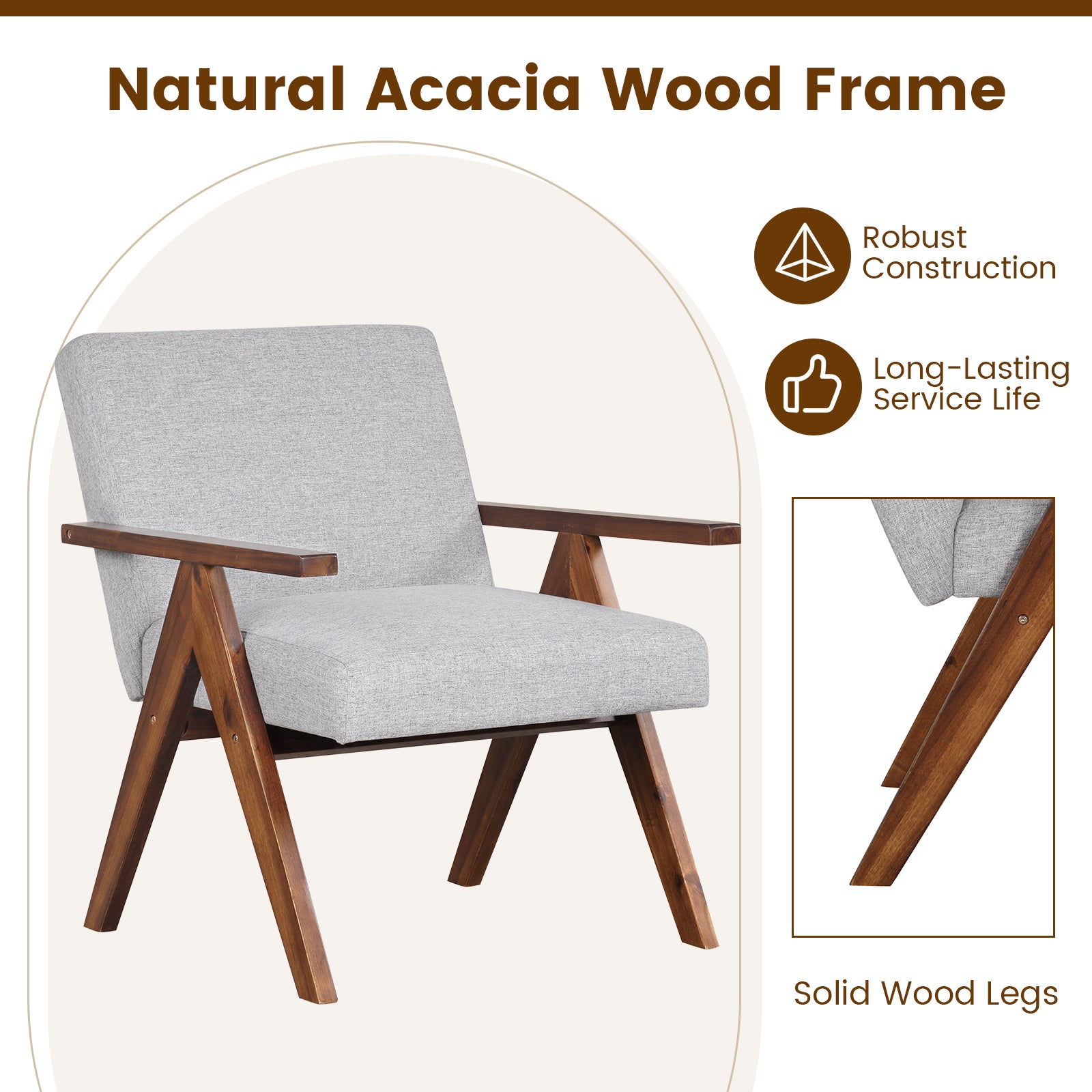 Modern Accent Chair Linen Fabric Armchair with Solid Acacia Wood Frame