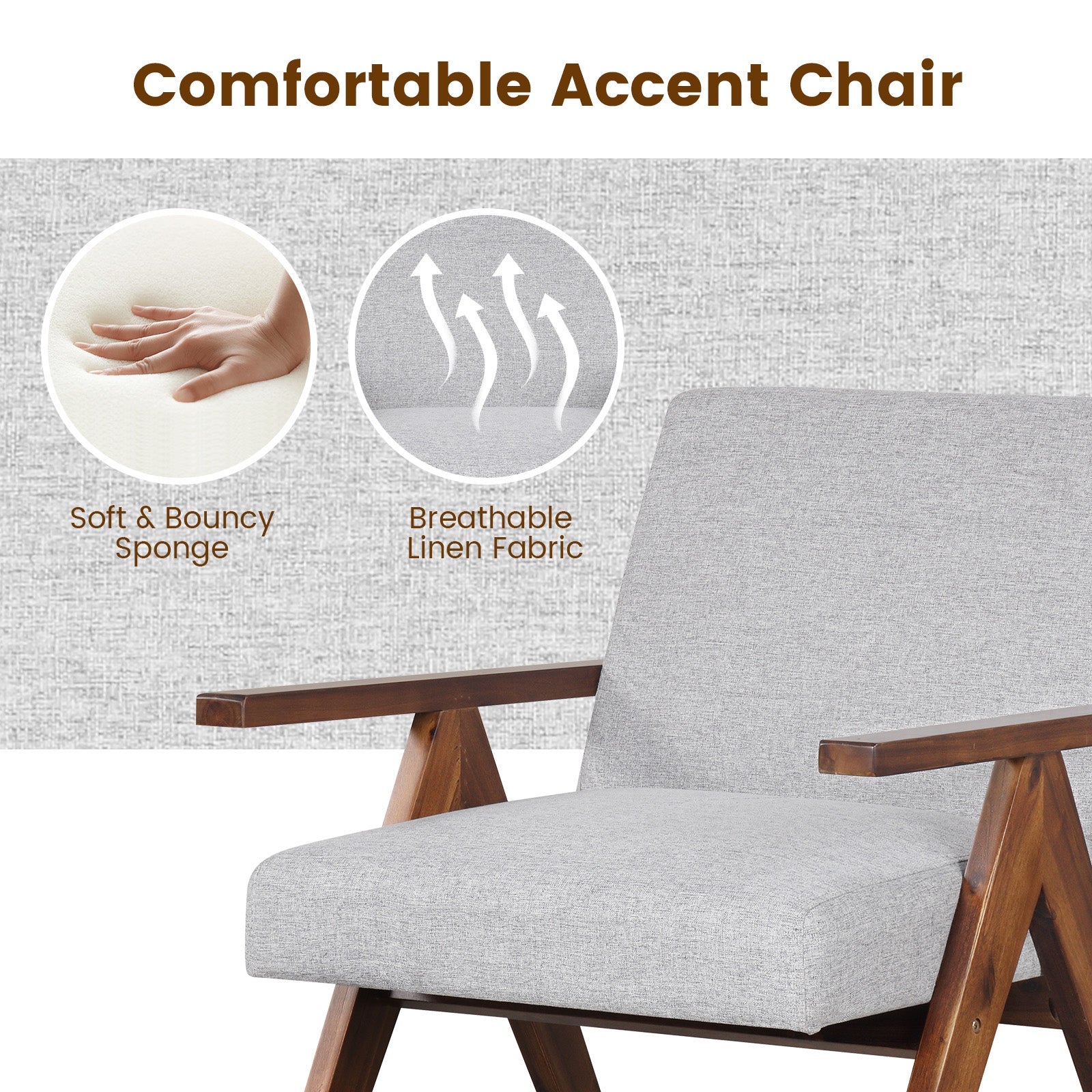 Modern Accent Chair Linen Fabric Armchair with Solid Acacia Wood Frame