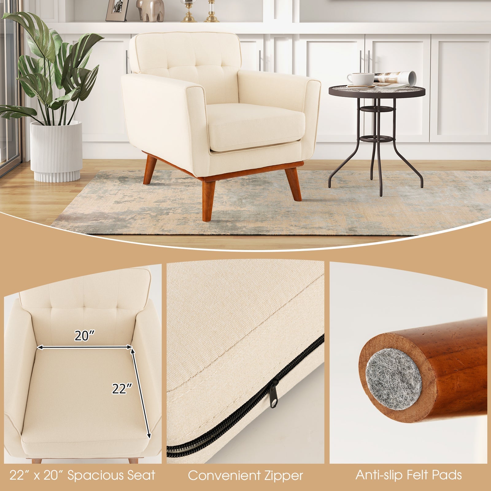 Modern Accent Chair Upholstered Linen Fabric Armchair with Removable Padded Seat Cushion