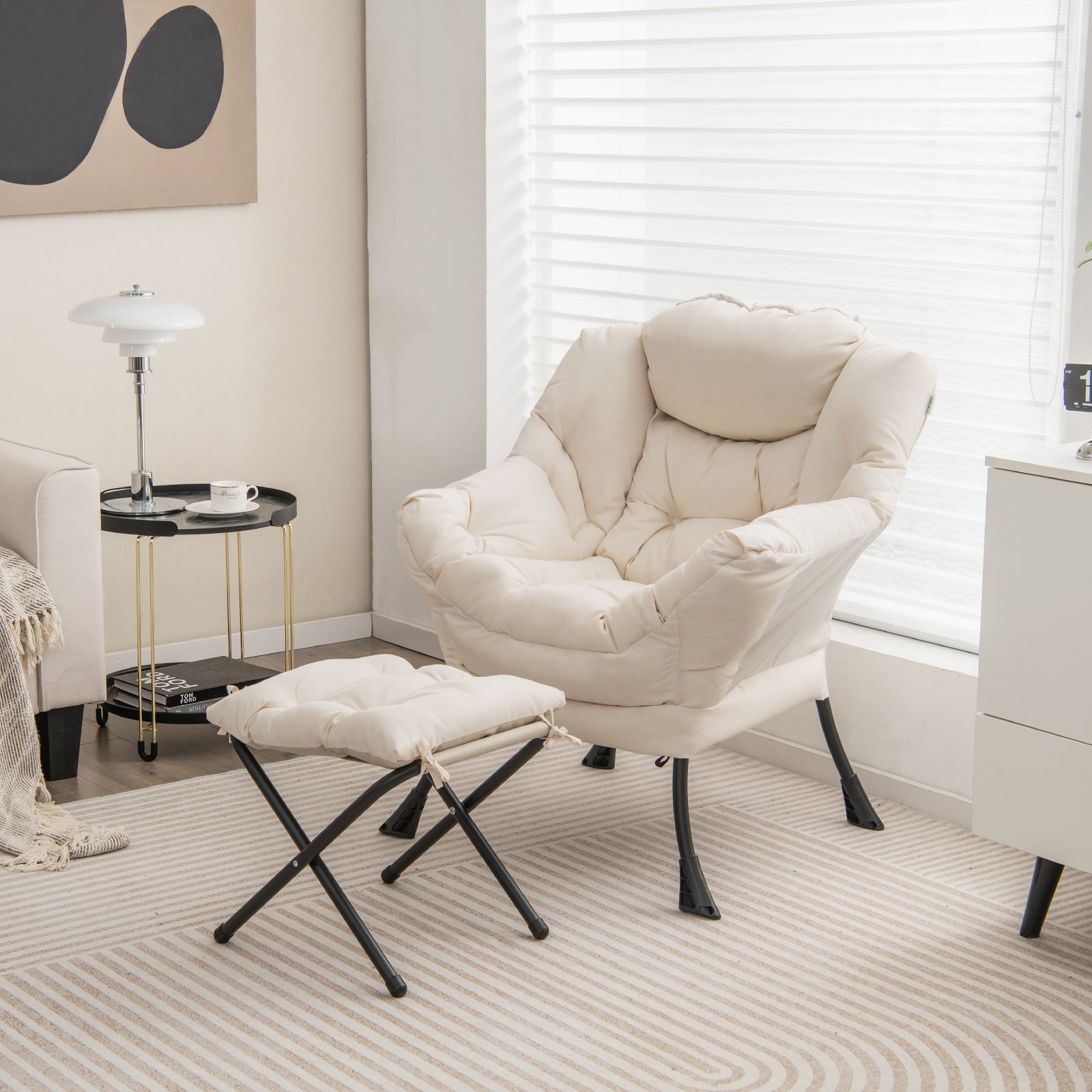 Modern Accent Sofa Chair with Folding Footrest and Side Pocket