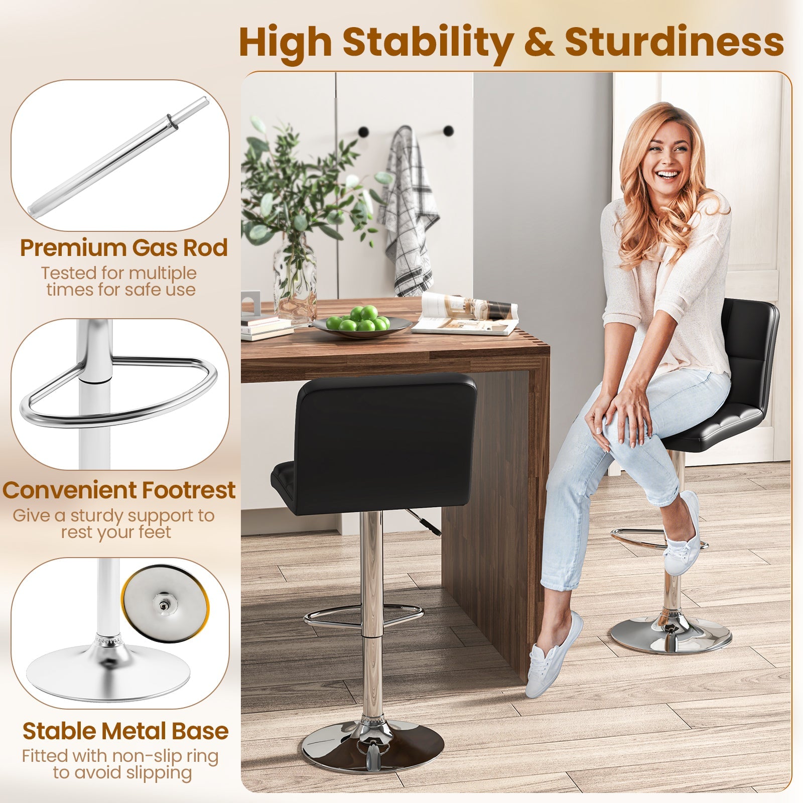 Modern Bat Stools Set of 2 with Back and Heavy-duty Metal Base and Footrest
