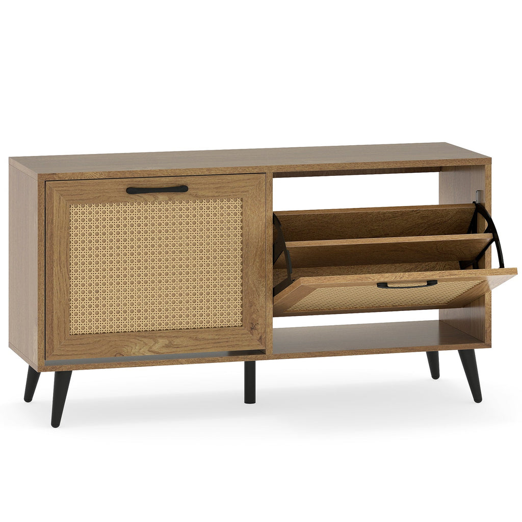 Modern Freestanding Shoe Cabinet with 2 Flip Drawers and Adjustable Shelves for Entryway-Natural