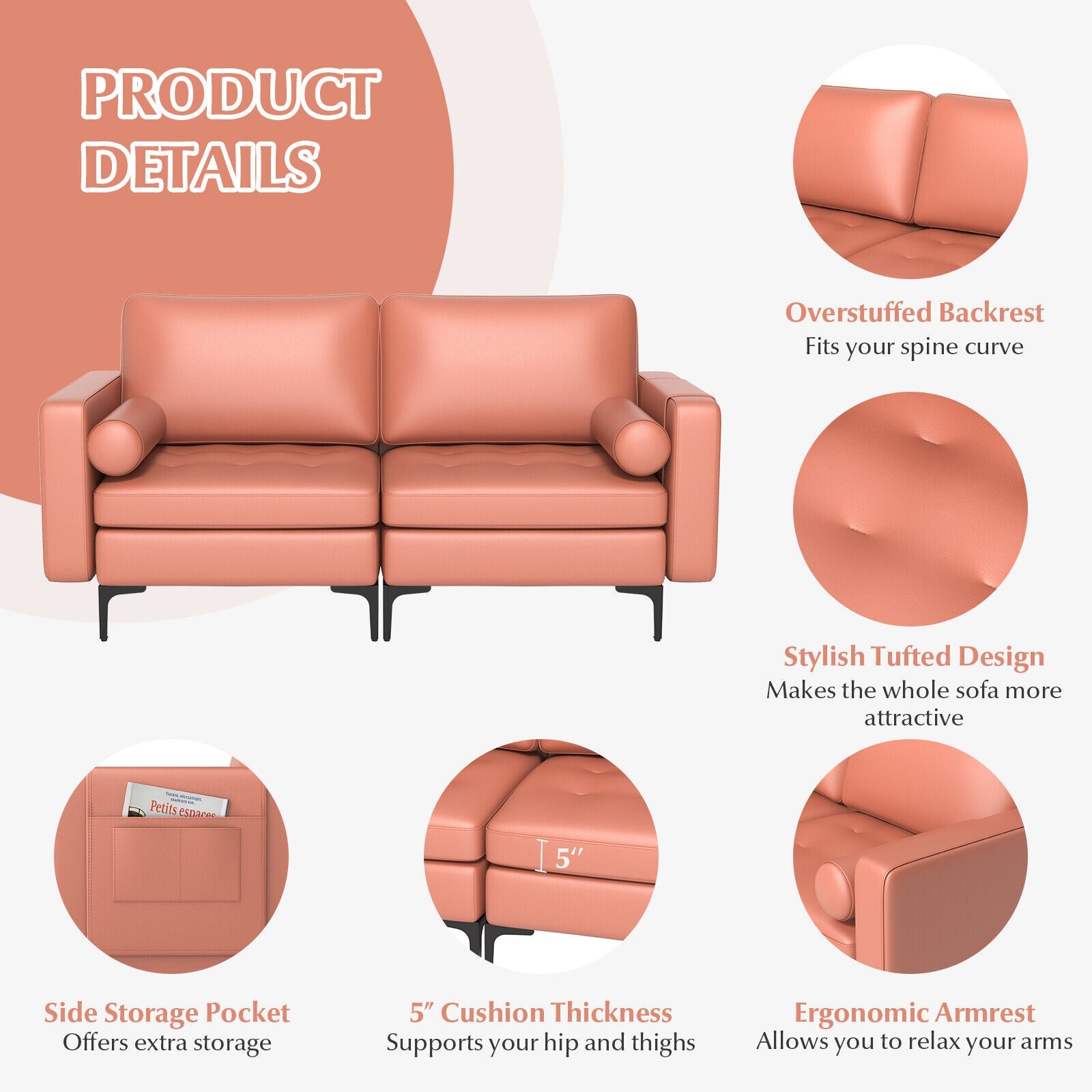 Modern Loveseat Sofa with 2 Bolsters and Side Storage Pocket