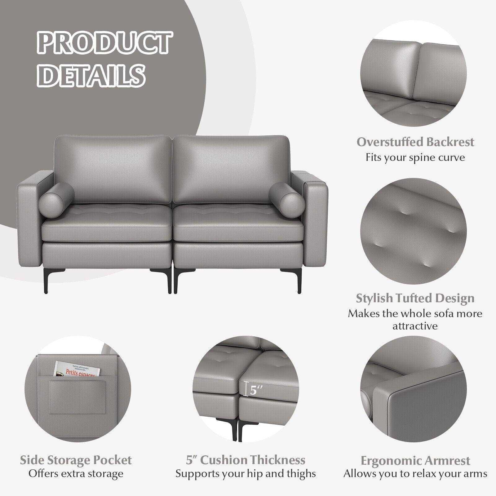 Modern Loveseat Sofa with 2 Bolsters and Side Storage Pocket