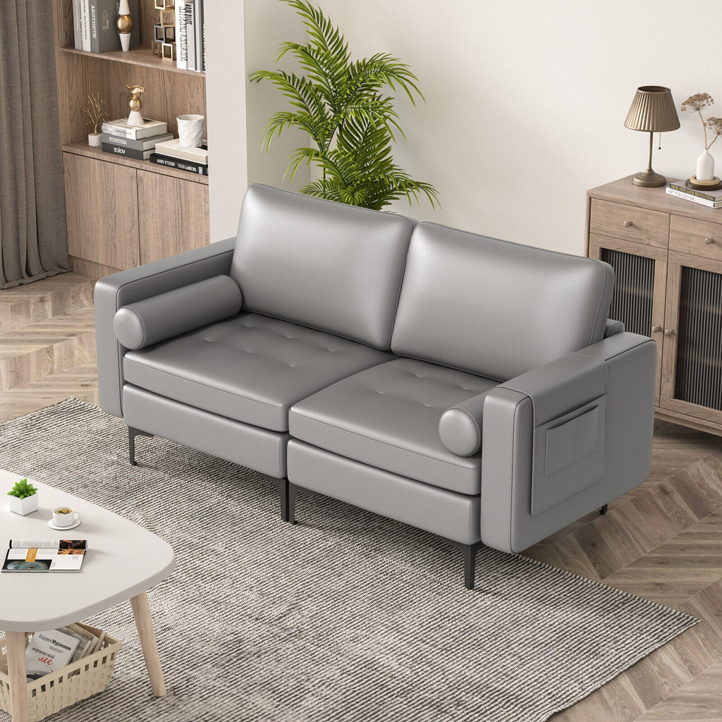 Modern Loveseat Sofa with 2 Bolsters and Side Storage Pocket
