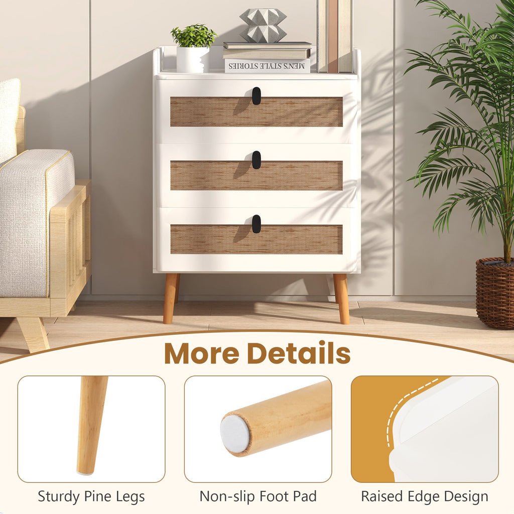 Modern End Table with 3 Rattan Decorated Drawers-White