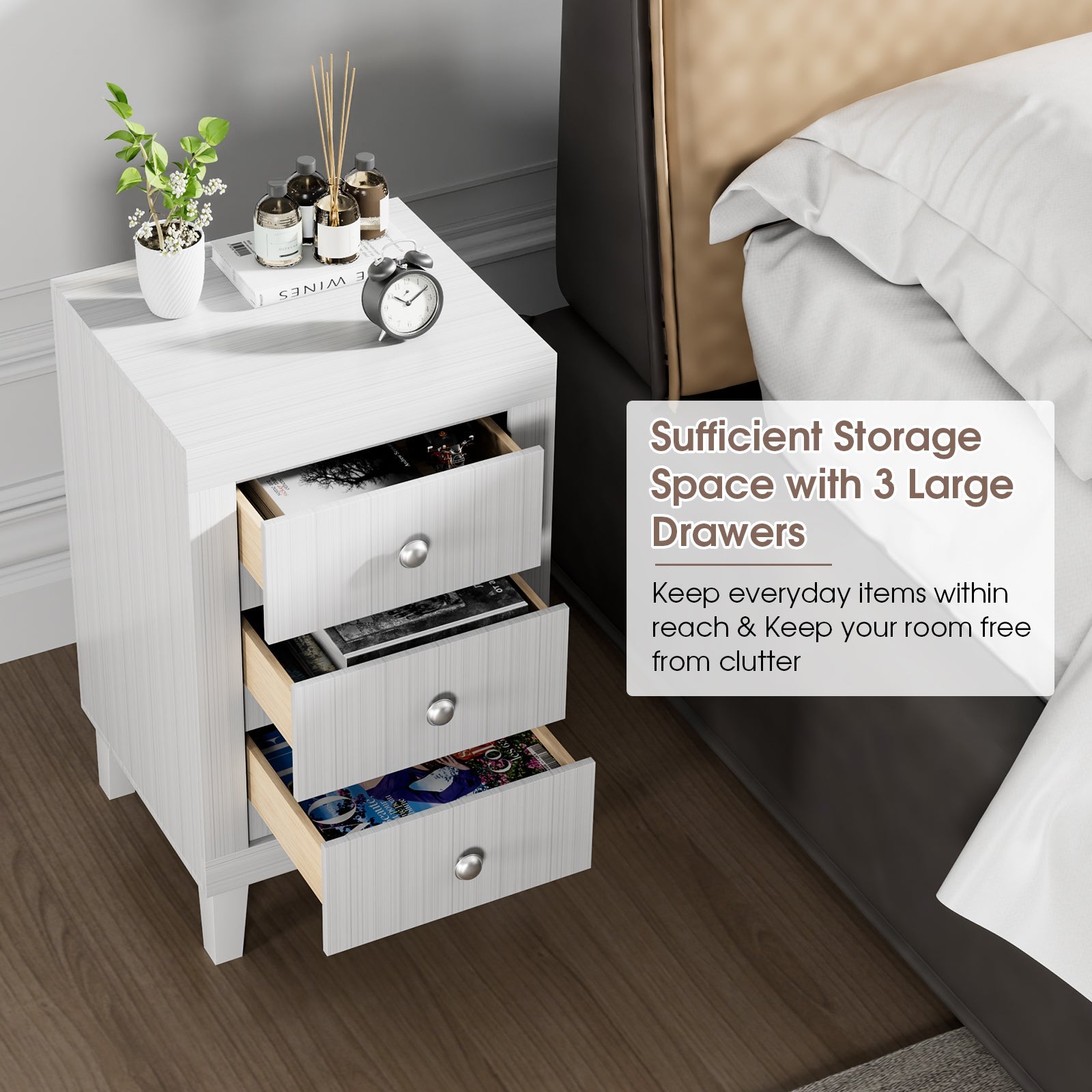 Modern Nightstand with 3 Drawers for Bedroom Living Room