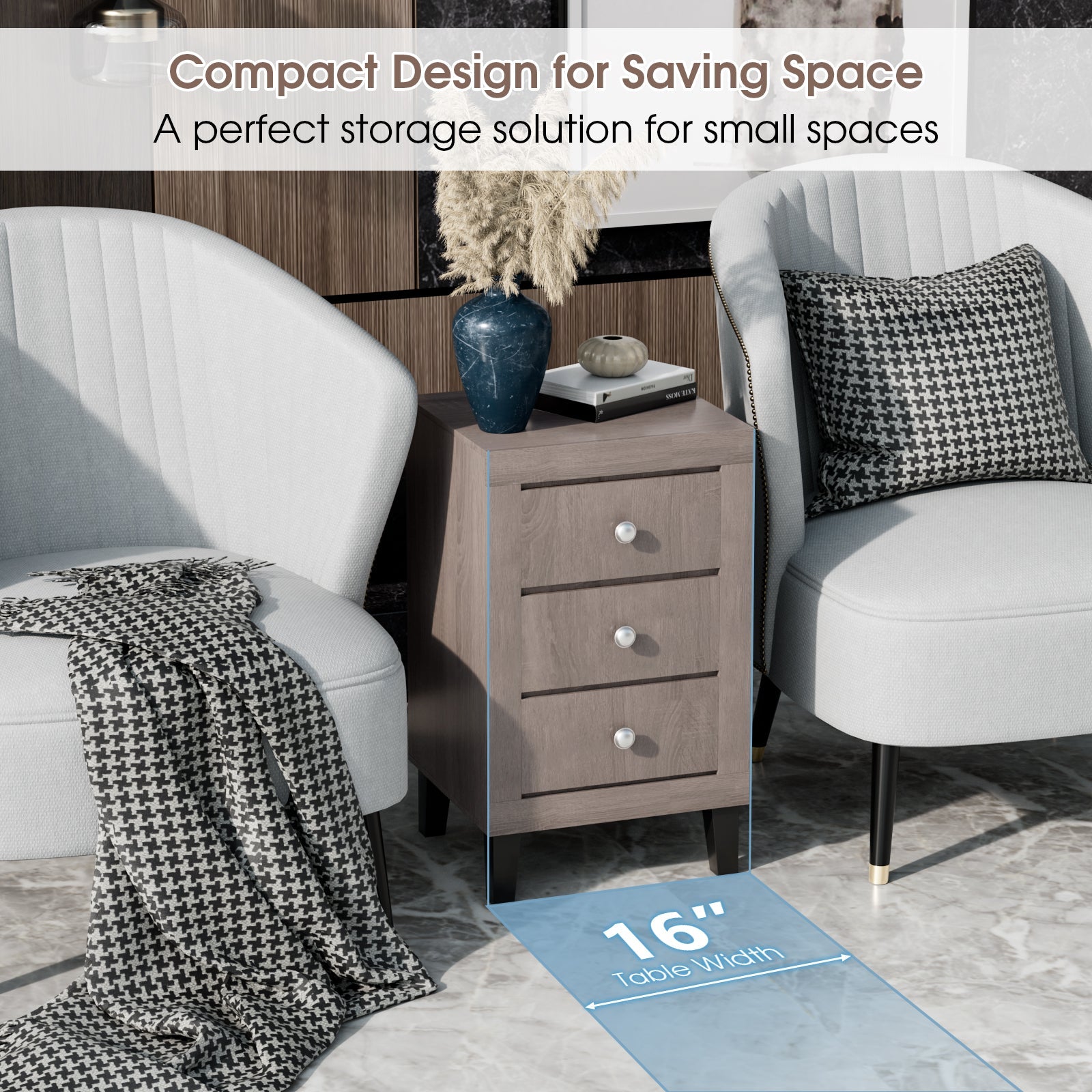 Modern Nightstand with 3 Drawers for Bedroom Living Room