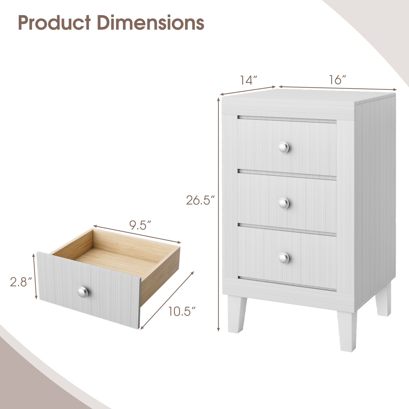 Modern Nightstand with 3 Drawers for Bedroom Living Room