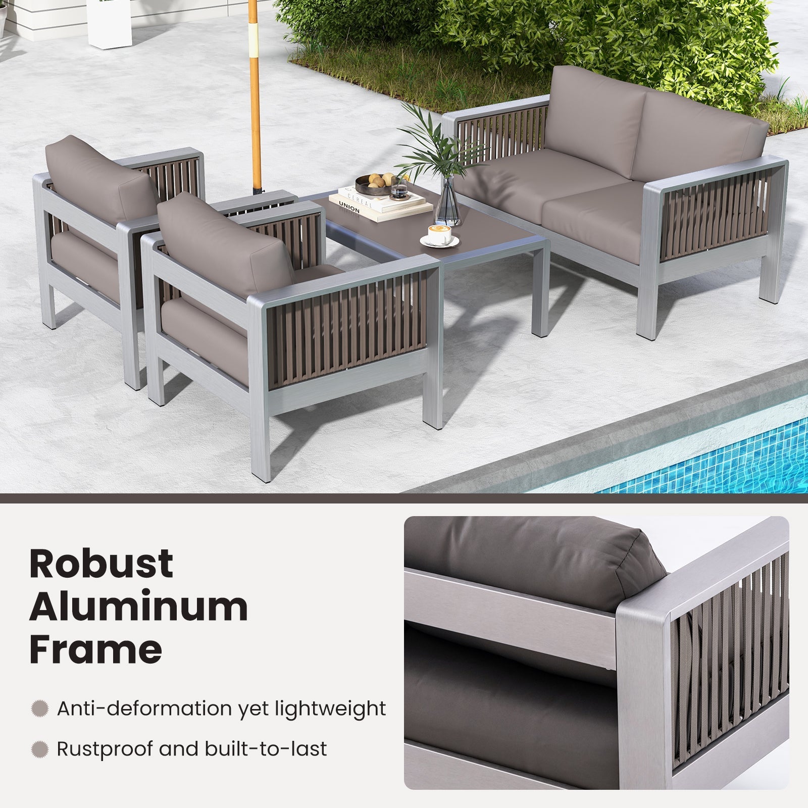 Patio Furniture Aluminum Armchair with Thick Back and Seat Cushion