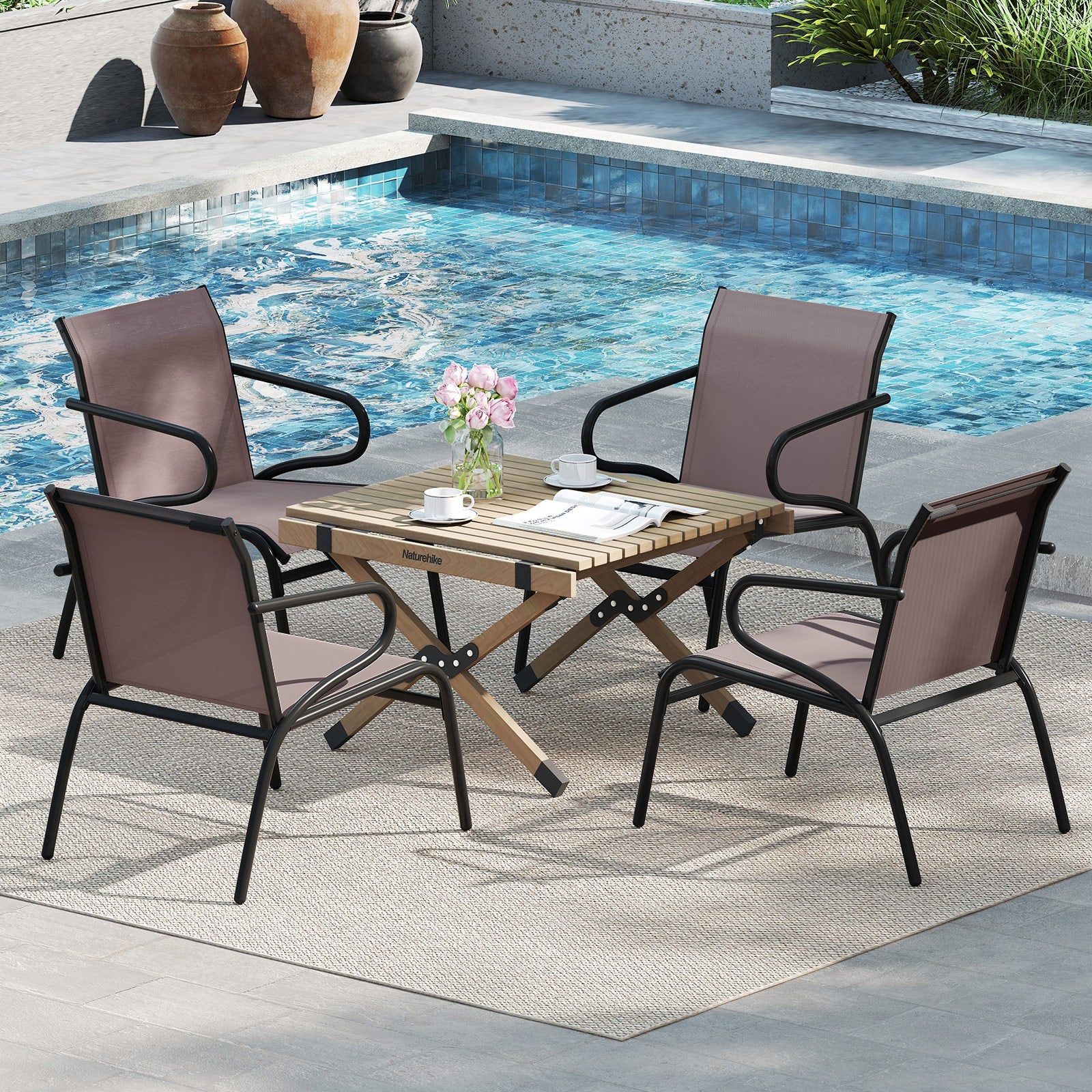Modern Patio Chairs Set of 2 with Breathable Fabric for Porch-Coffee