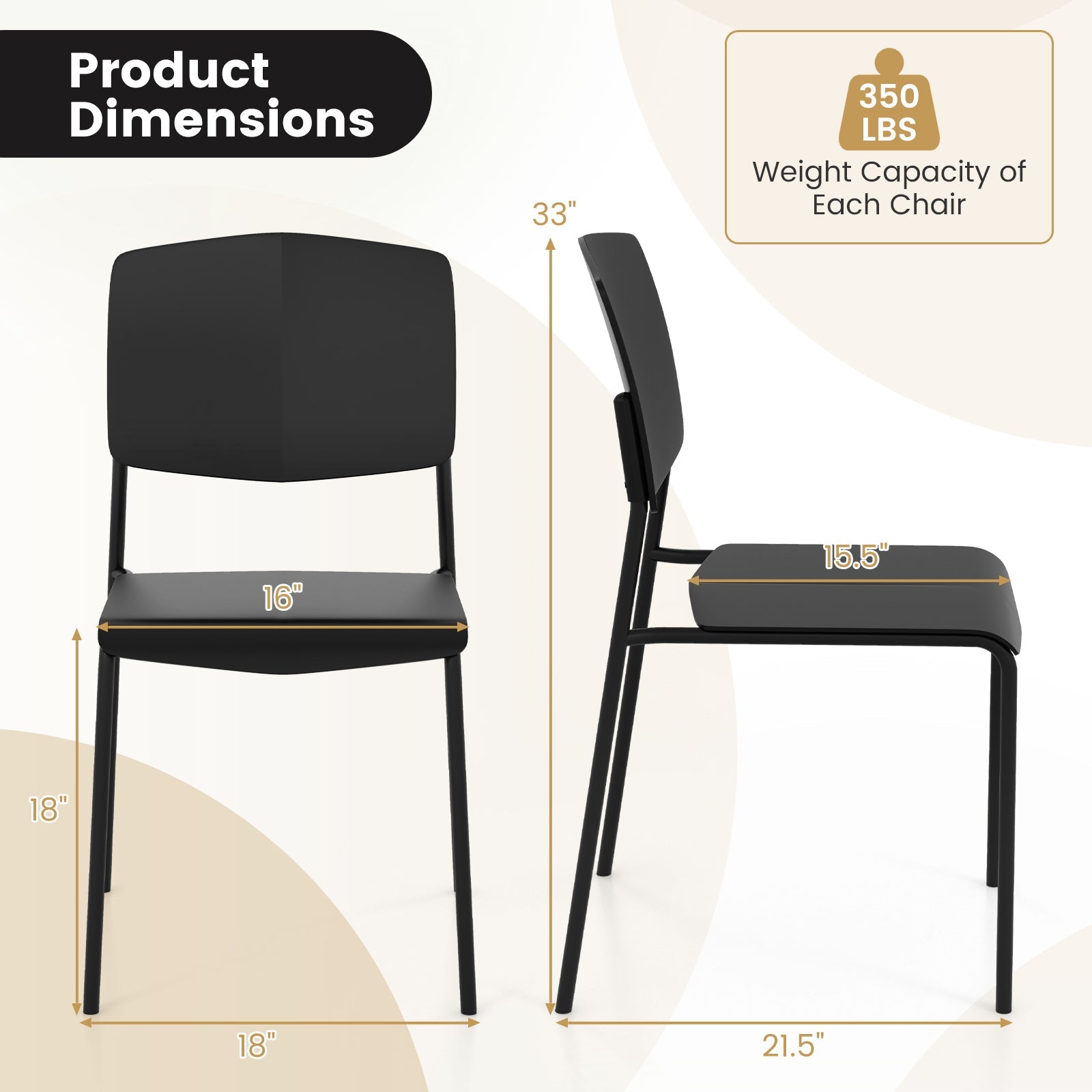 Modern Plastic Dining Chair Set of 2 with Metal Legs and Curved Back