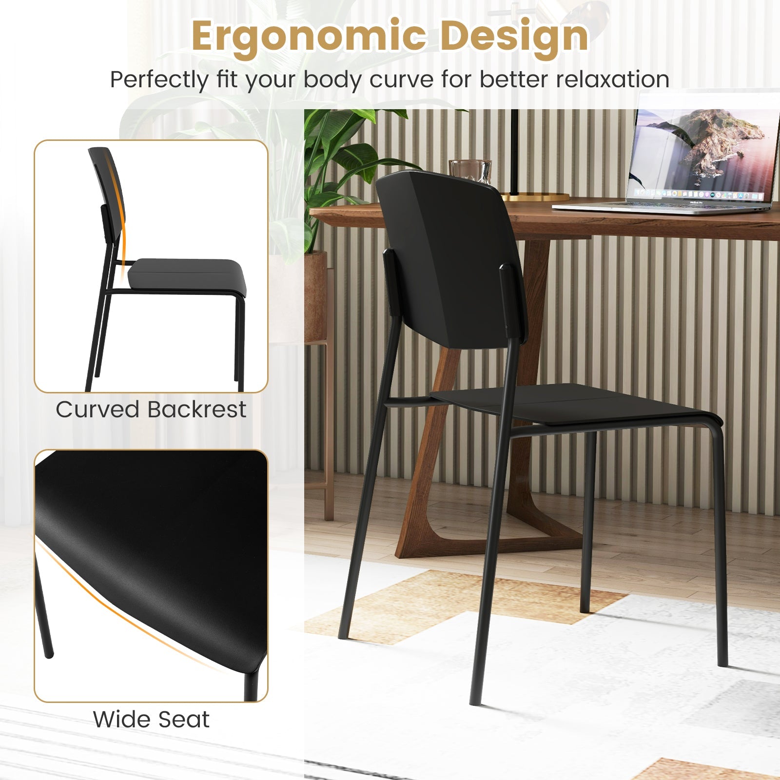 Modern Plastic Dining Chair Set of 2 with Metal Legs and Curved Back