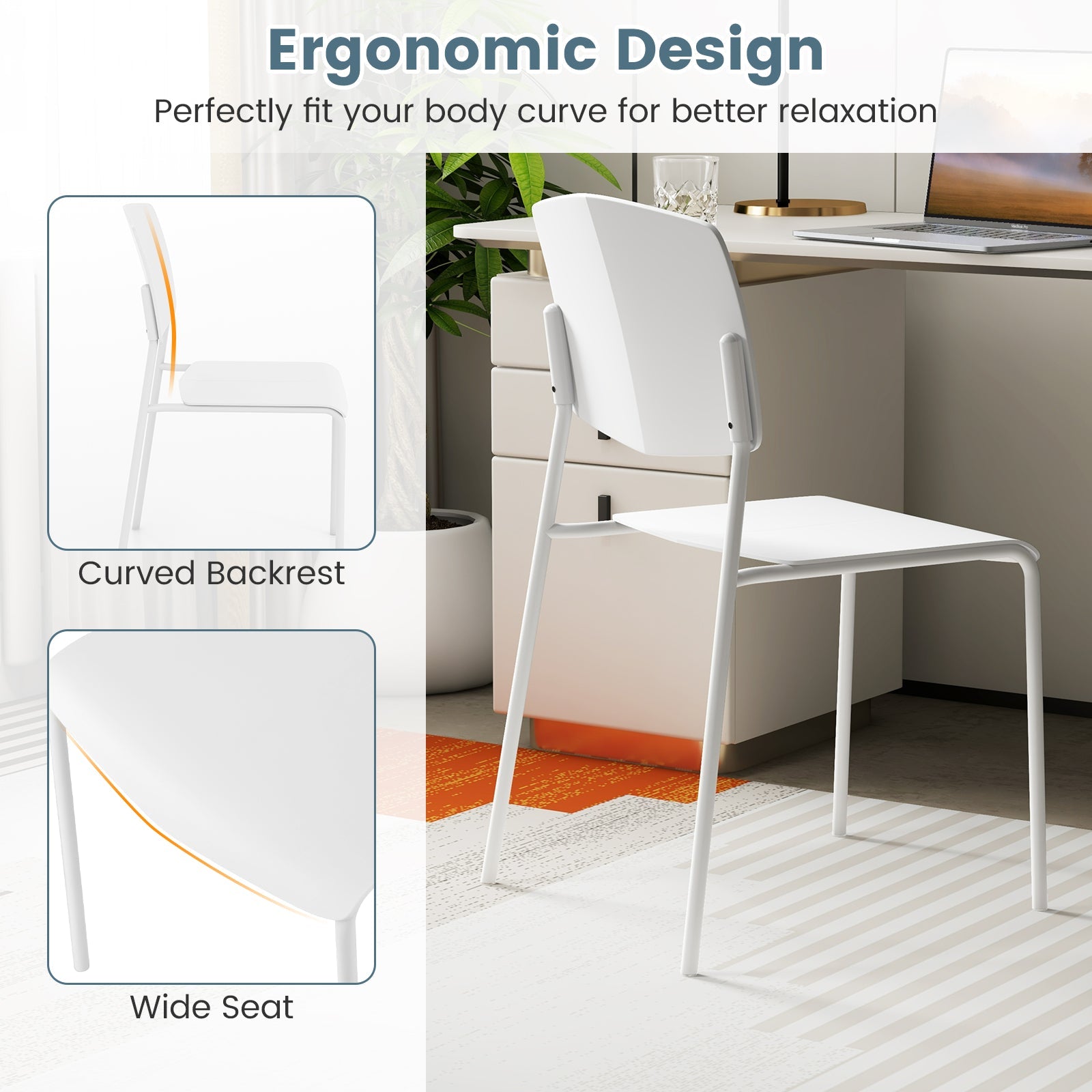 Modern Plastic Dining Chair Set of 2 with Metal Legs and Curved Back
