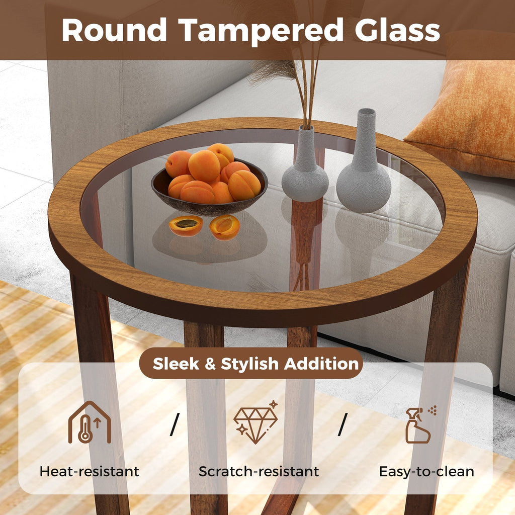Modern Round End Table Sofa Side Table with Transparent Tempered Glass Top-Brown