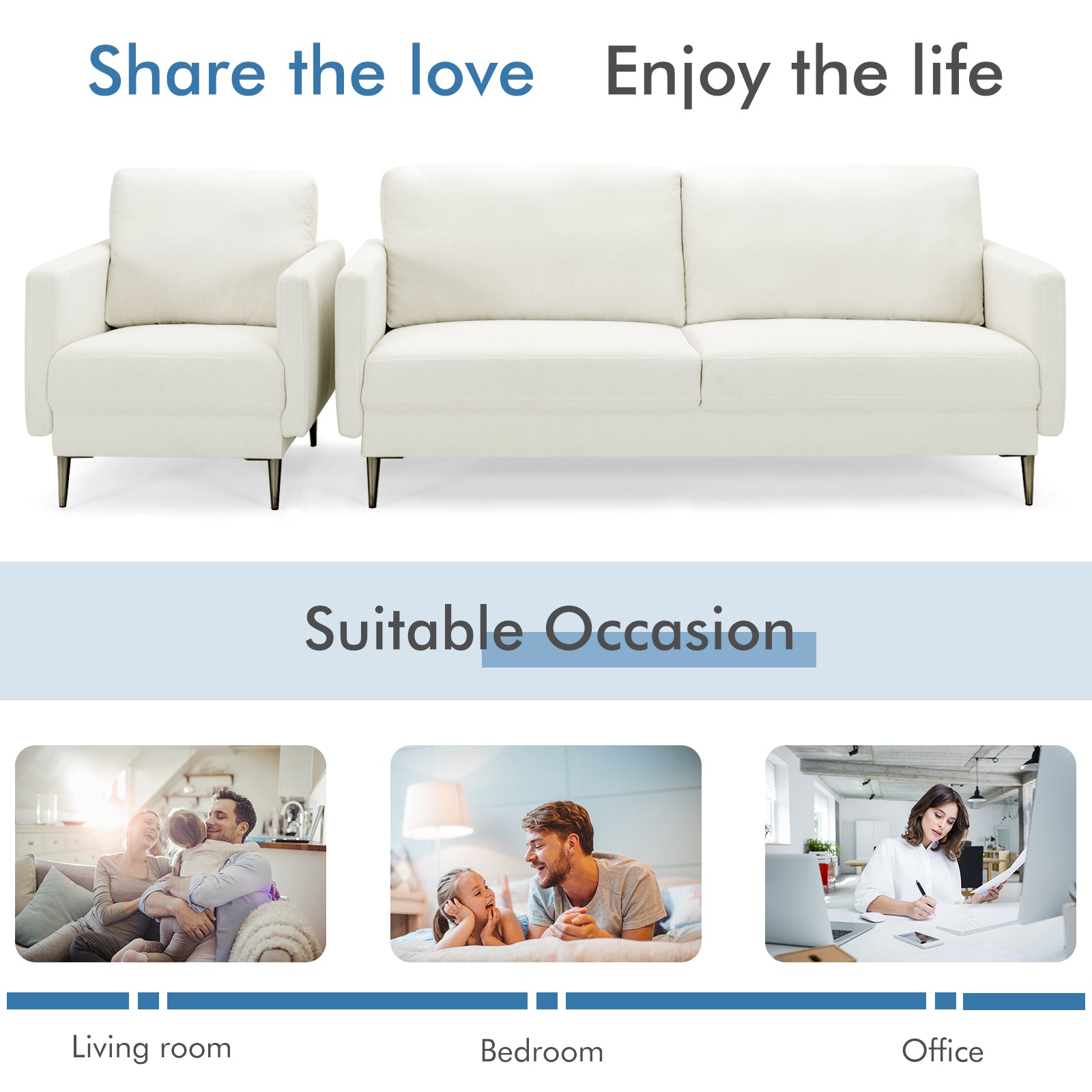 Modern Sofa Couch with Solid Metal Legs and Removable Backrest Cushion-Gray