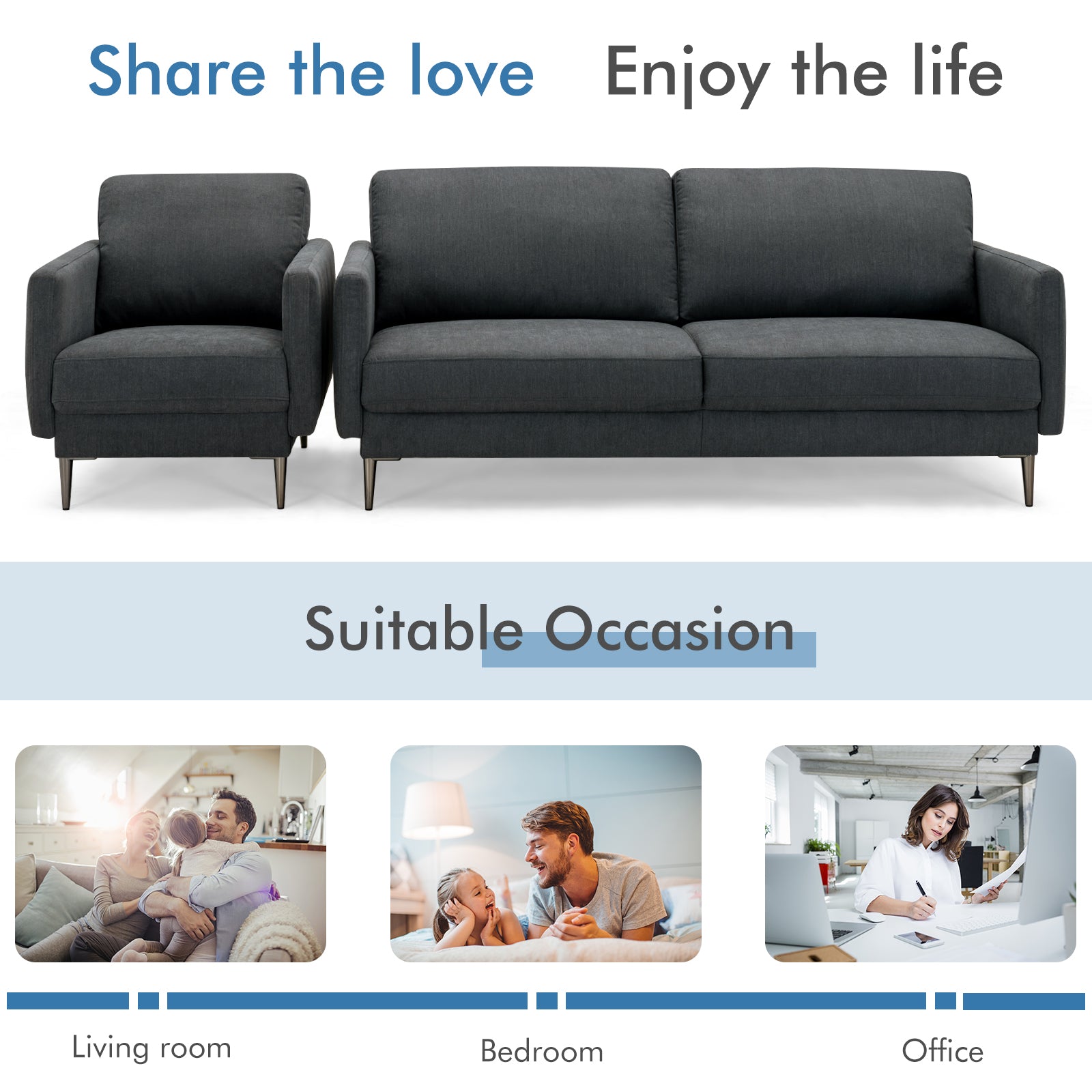 Modern Sofa Couch with Solid Metal Legs and Removable Backrest Cushion-Gray