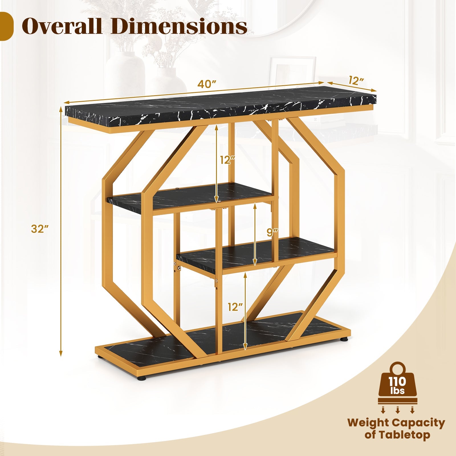 Modern Sofa Table Behind Couch 4-Tier Console Table with Faux Marble Tabletop-Black
