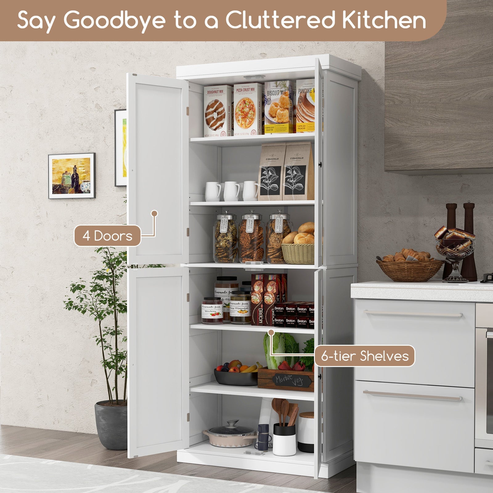 72.5 Inches Tall Buffet Cabinet with 6-Tier Shelves and 4 Doors