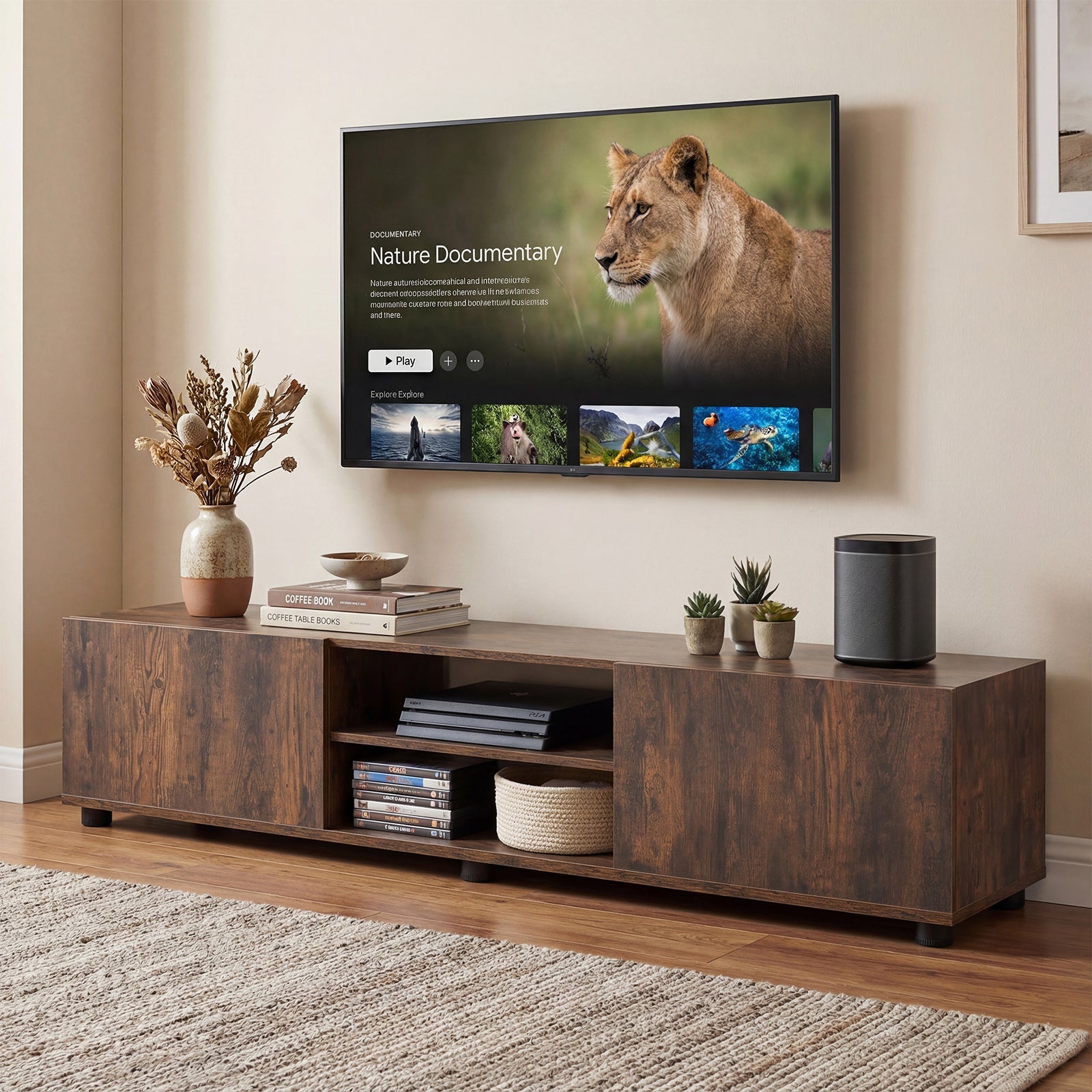Modern TV Stand for up to 70" TVs Minimalist Entertainment Center with 2 Doors and Open Shelves-Rustic Brown