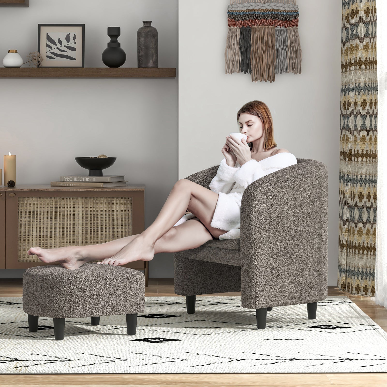 Modern Upholstered Barrel Teddy Velvet Chair with Ottoman