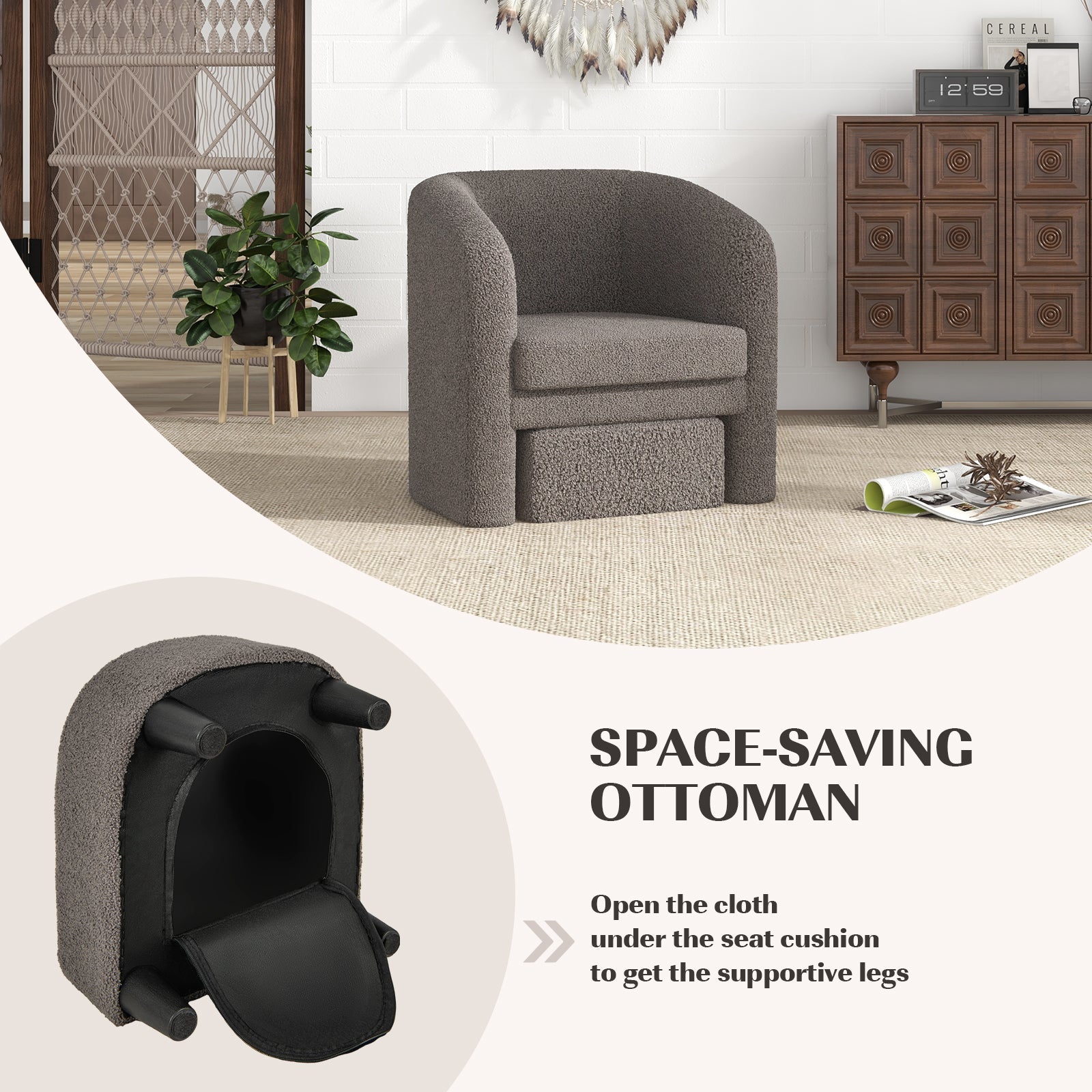 Modern Upholstered Barrel Teddy Velvet Chair with Ottoman