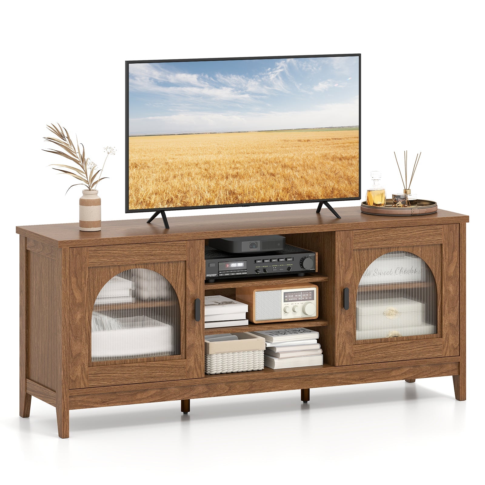Modern Vintage TV Cabinet with Adjustable Shelves and 2 Cable Holes for TVs up to 65 Inches