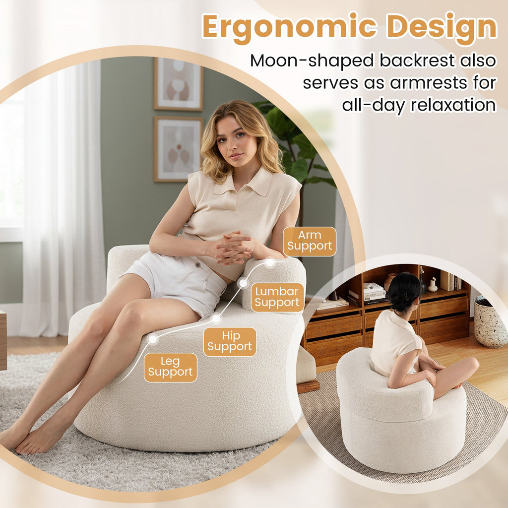 Moon-Shaped Floor Single Sofa Chair with Soft Teddy Fleece-Beige