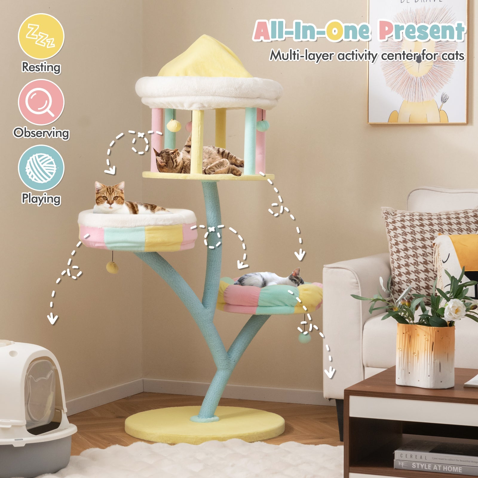 Multi-Layer Cat Tree with 2 Removable Perches Scratching Posts-Color