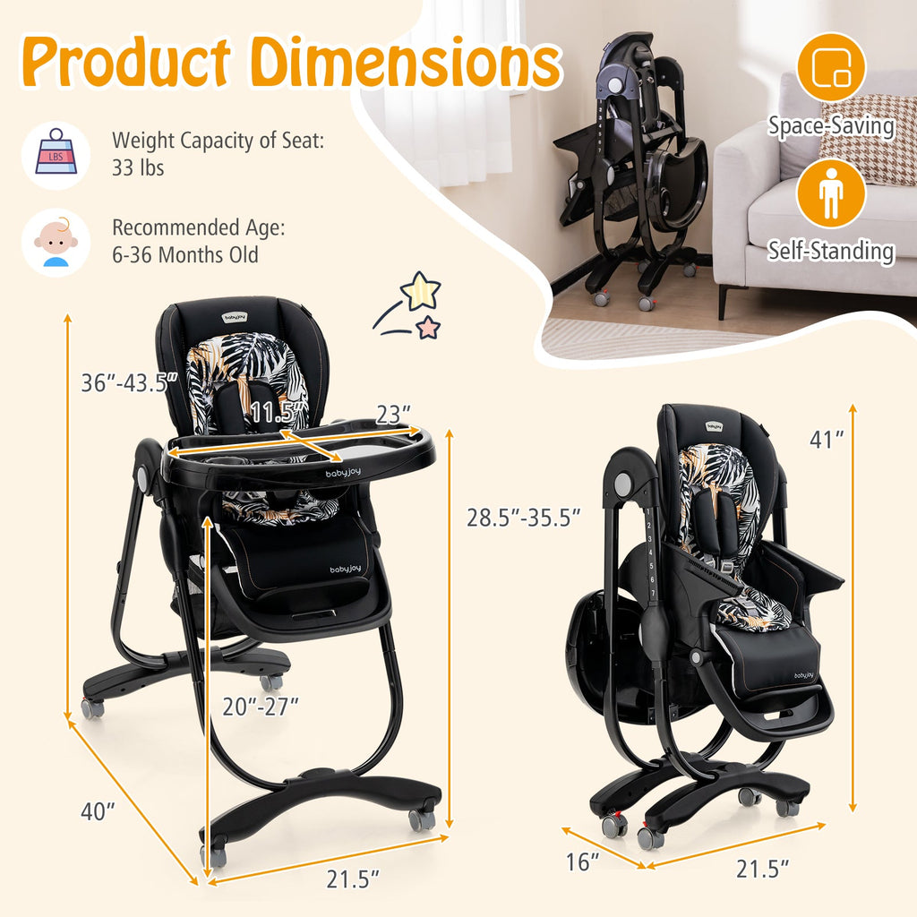 Multifunctional Folding Baby High Chair with Rolling Wheels and Adjustable Height