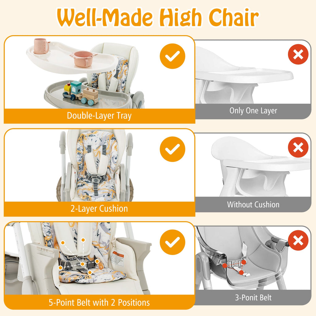 Multifunctional Folding Baby High Chair with Rolling Wheels and Adjustable Height