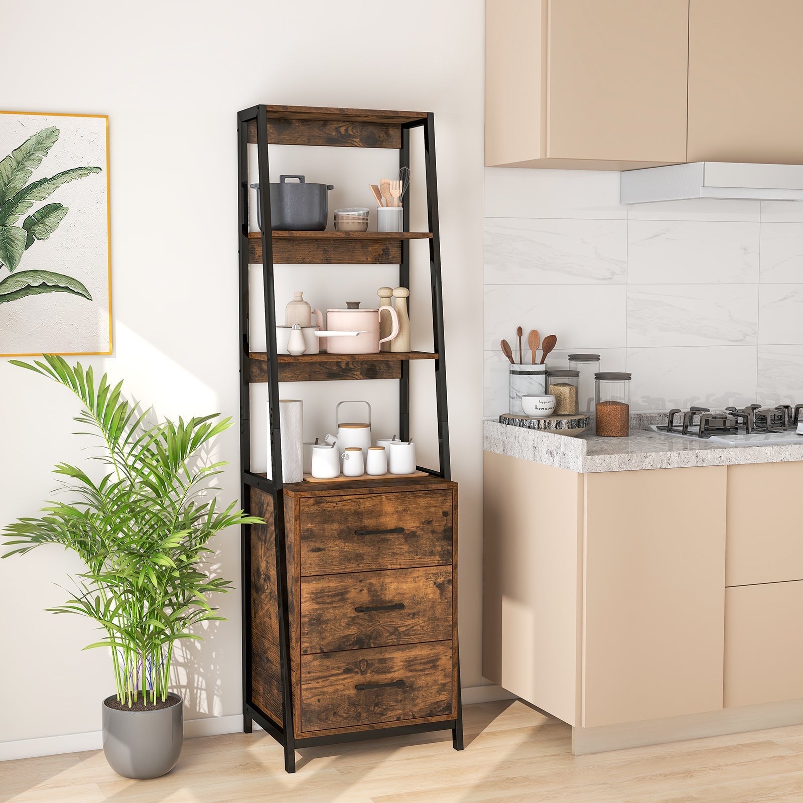 Multifunctional Tall Bookcase with Open Shelves and Storage Drawers