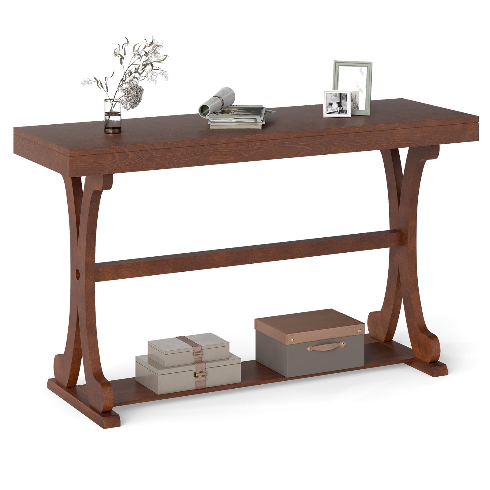 Narrow Console Table Vintage 52 Inch Long with Open Storage Shelf