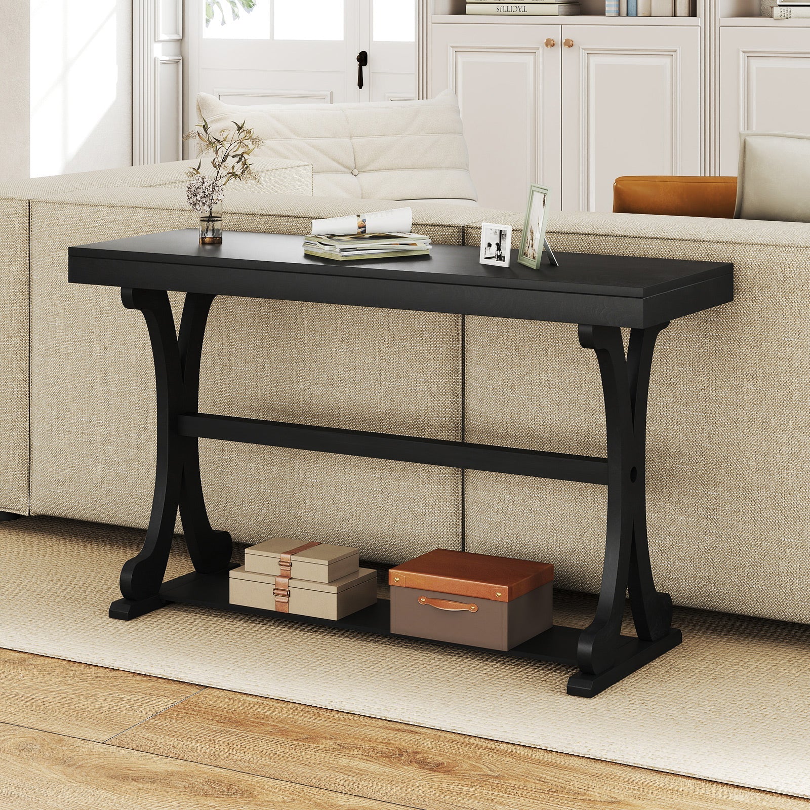 Narrow Console Table Vintage 52 Inch Long with Open Storage Shelf
