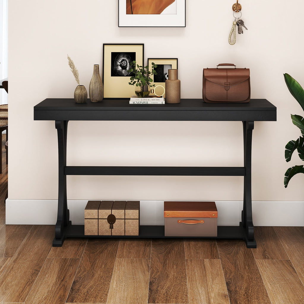 Narrow Console Table Vintage 52 Inch Long with Open Storage Shelf