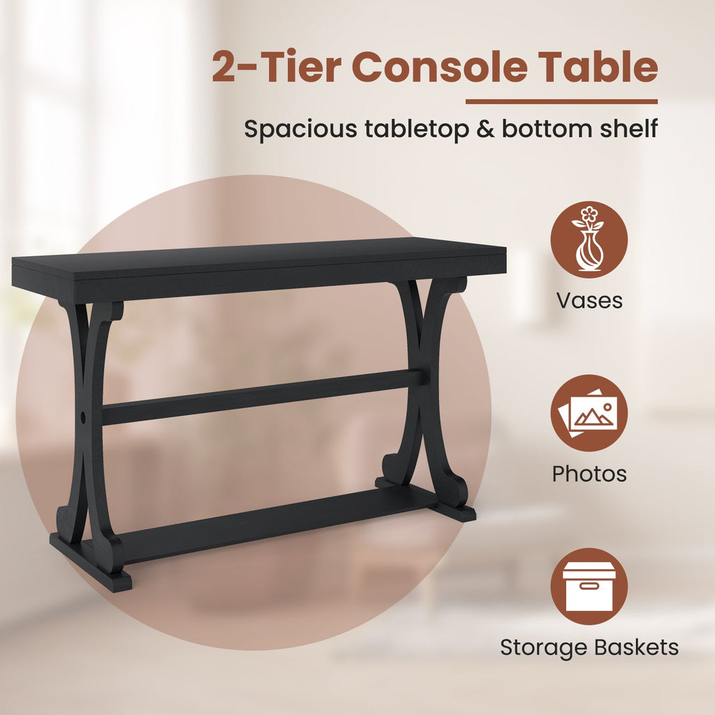 Narrow Console Table Vintage 52 Inch Long with Open Storage Shelf