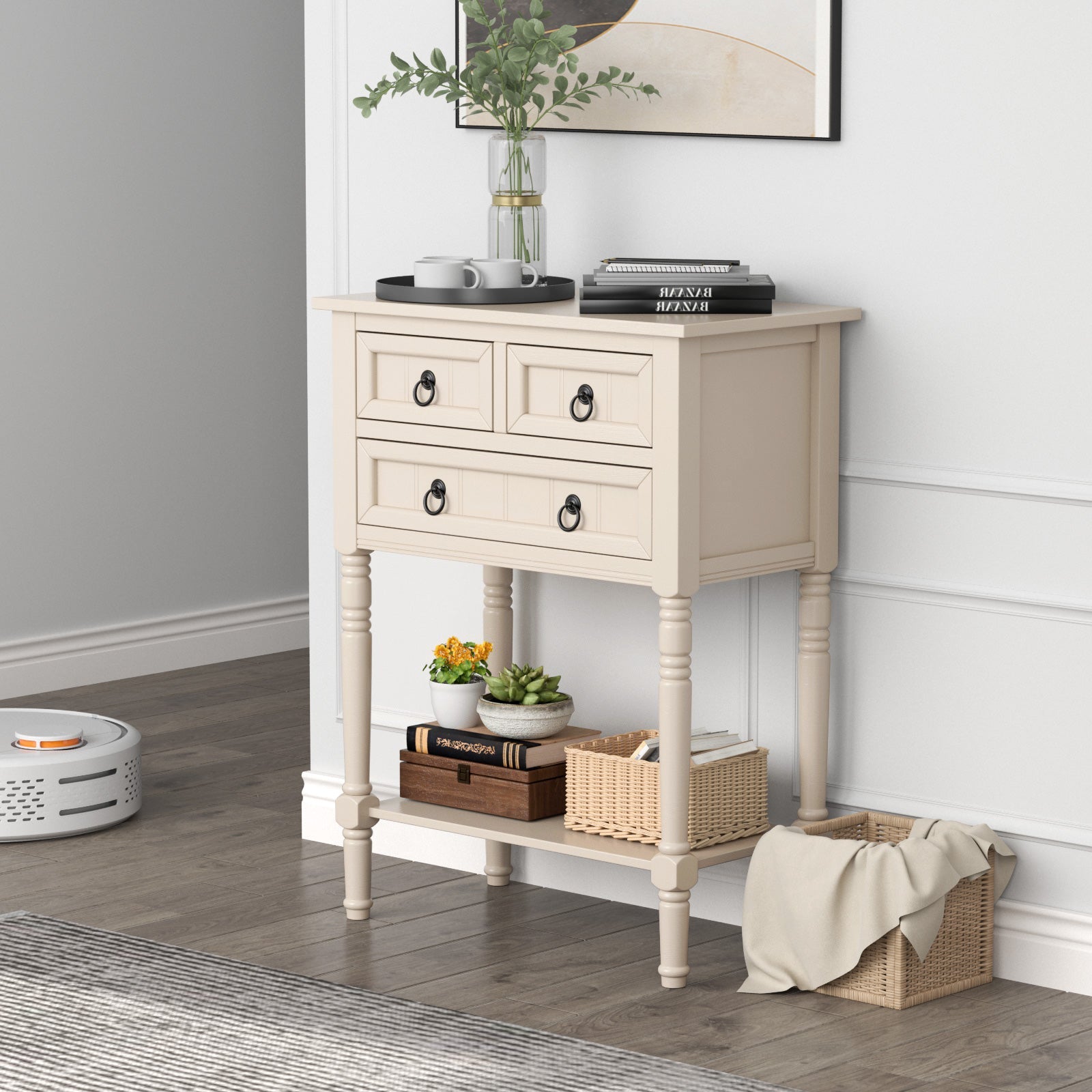 Narrow Console Table with 3 Storage Drawers and Open Bottom Shelf