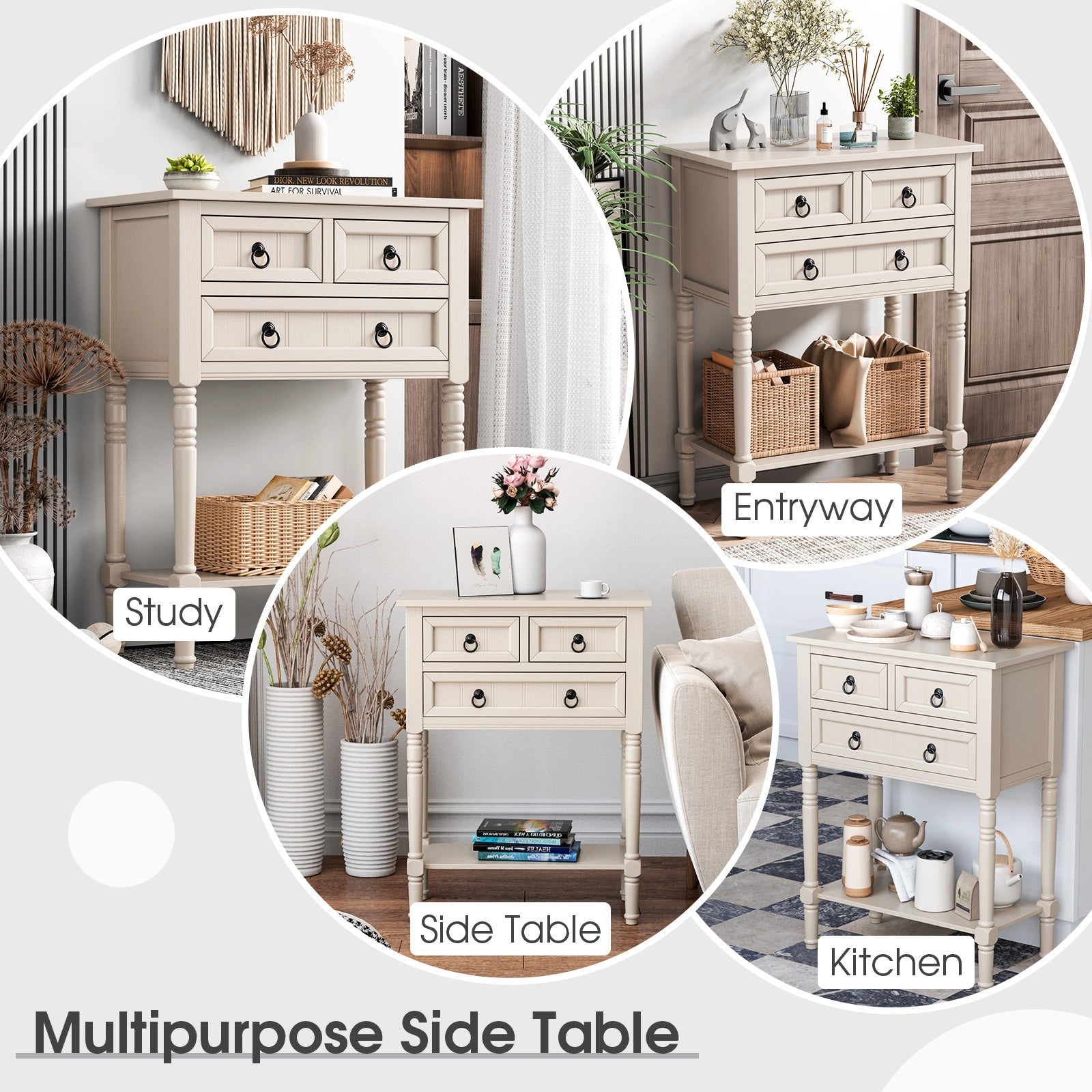 Narrow Console Table with 3 Storage Drawers and Open Bottom Shelf